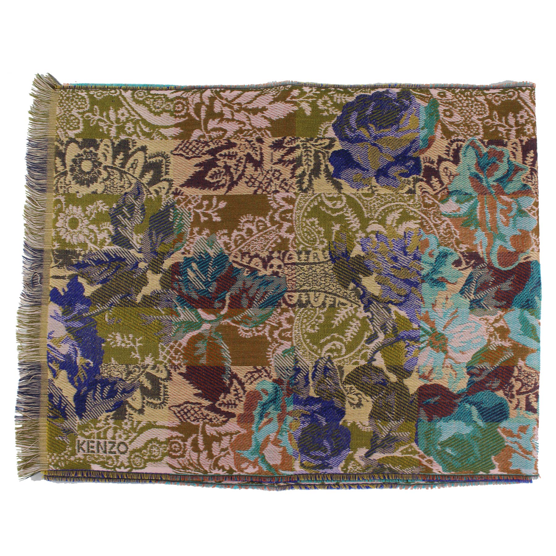 Kenzo Scarf Olive Floral Design - Wool Silk Shawl SALE