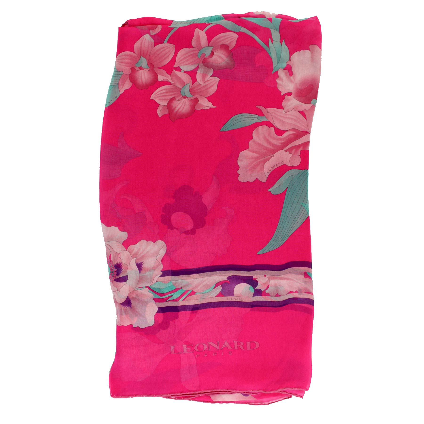 Leonard Paris Scarf Pink Aqua Floral Design - Chiffon Silk Shawl