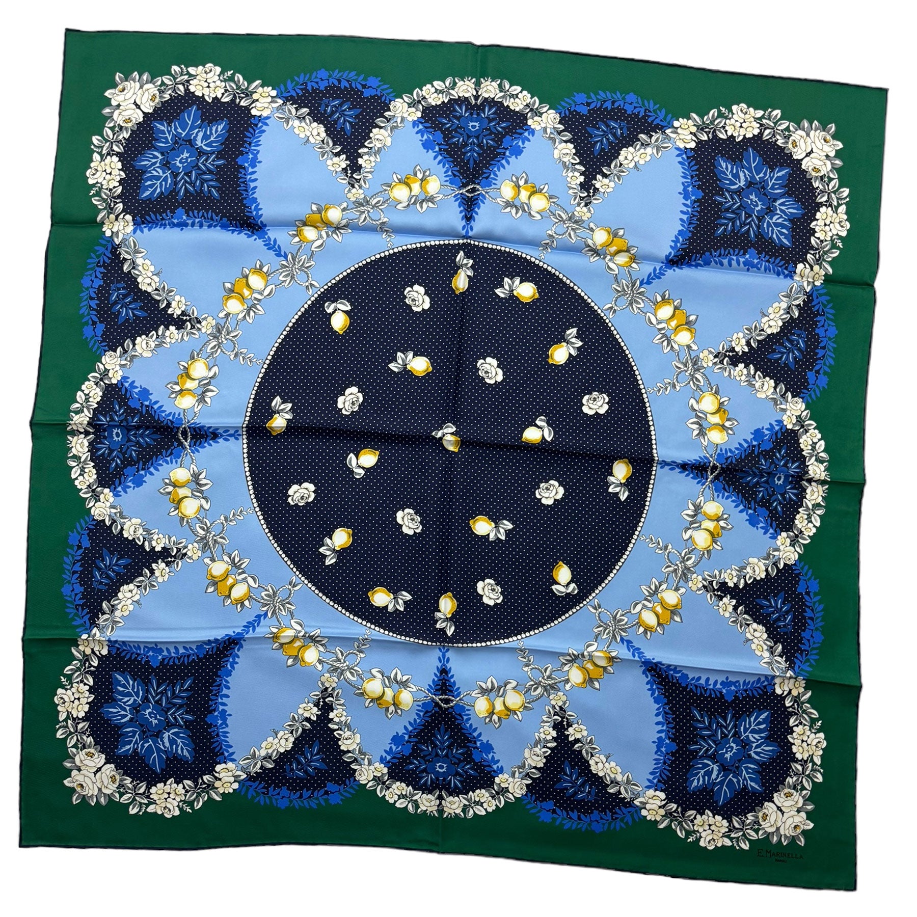 E. Marinella Scarf Green Navy Blue Floral Design  - Twill Silk Square Foulard