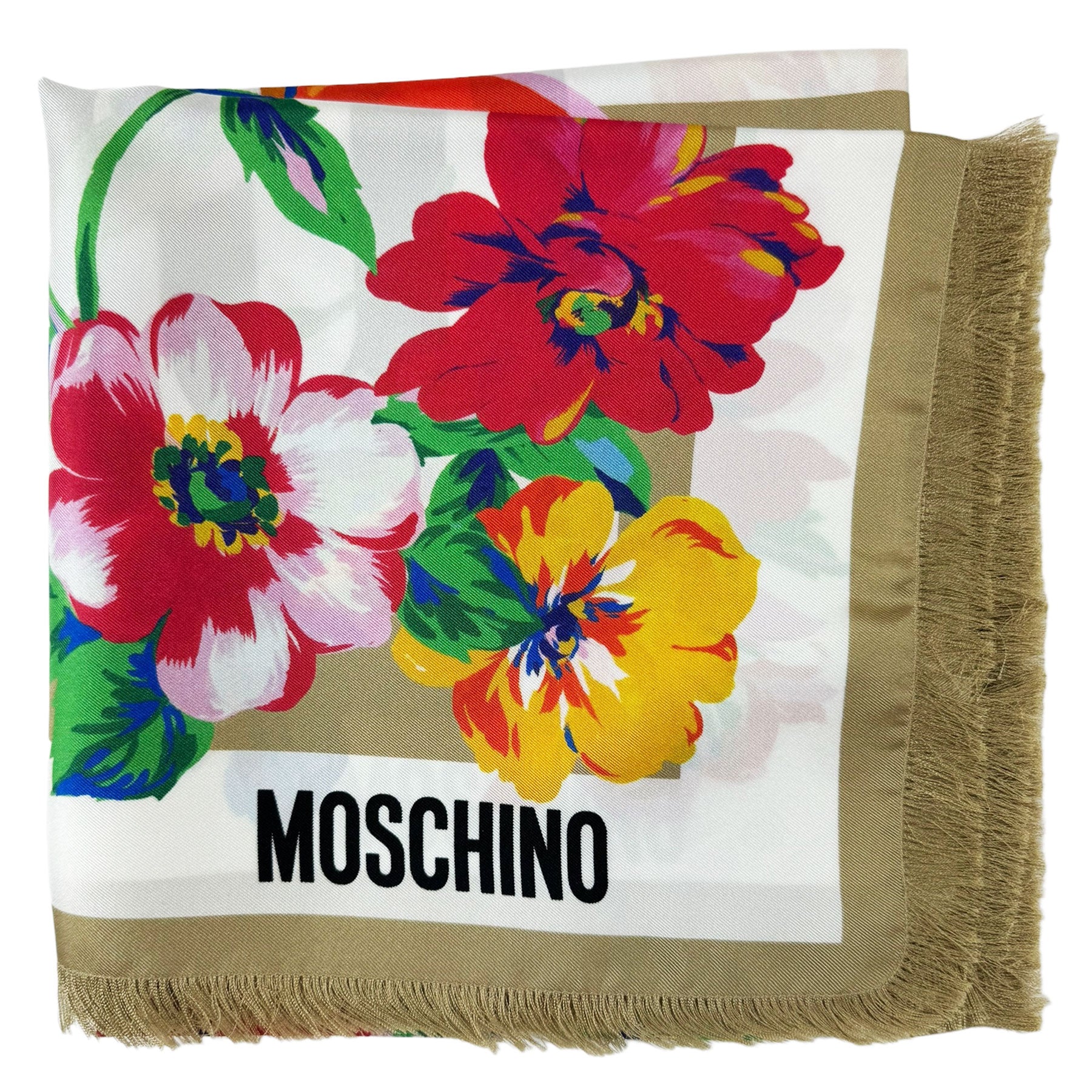 Moschino Scarf Ornamental Floral Taupe - Silk Foulard With Fringe