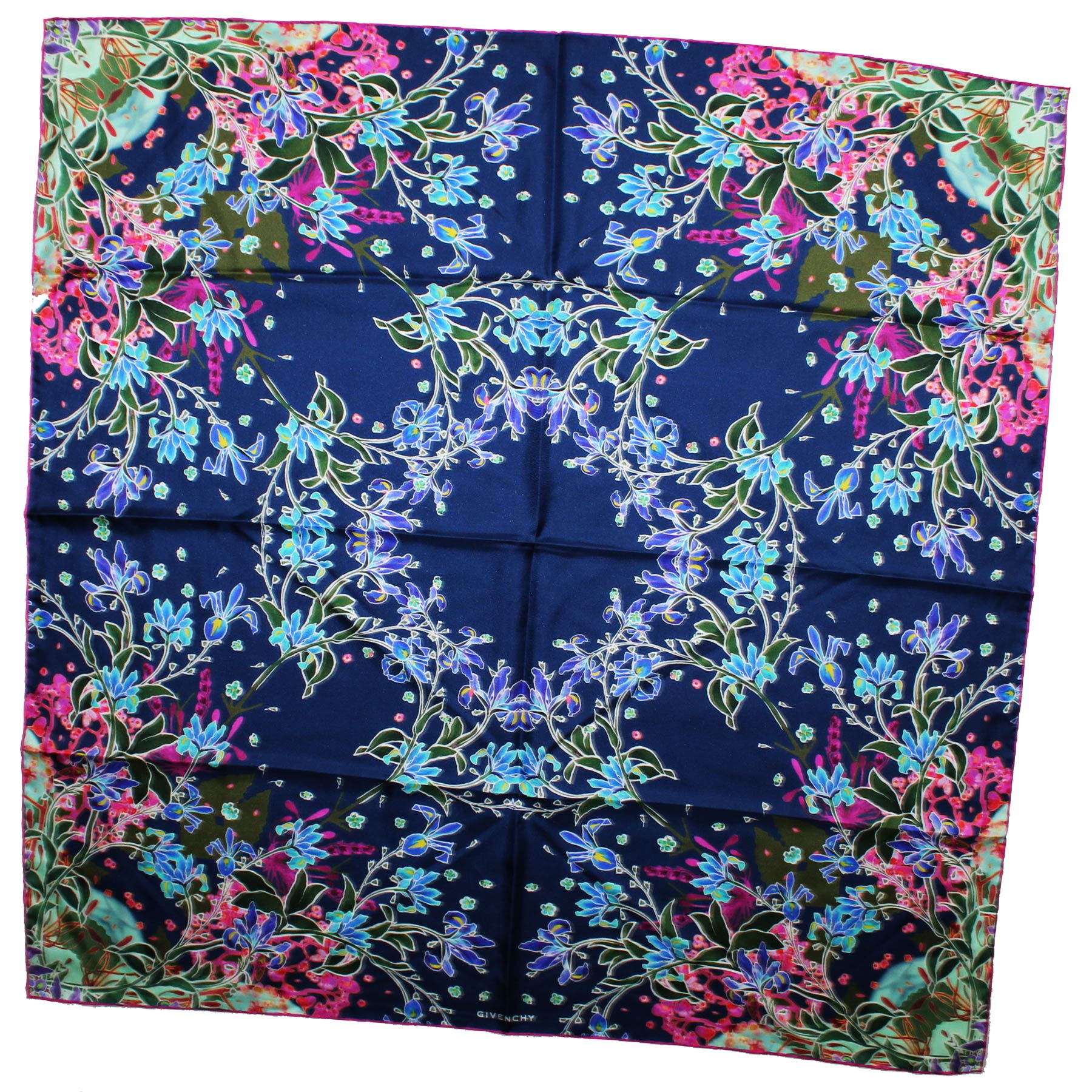 Givenchy Scarf Green Blue Pink Floral - Large Square Twill Silk Scarf