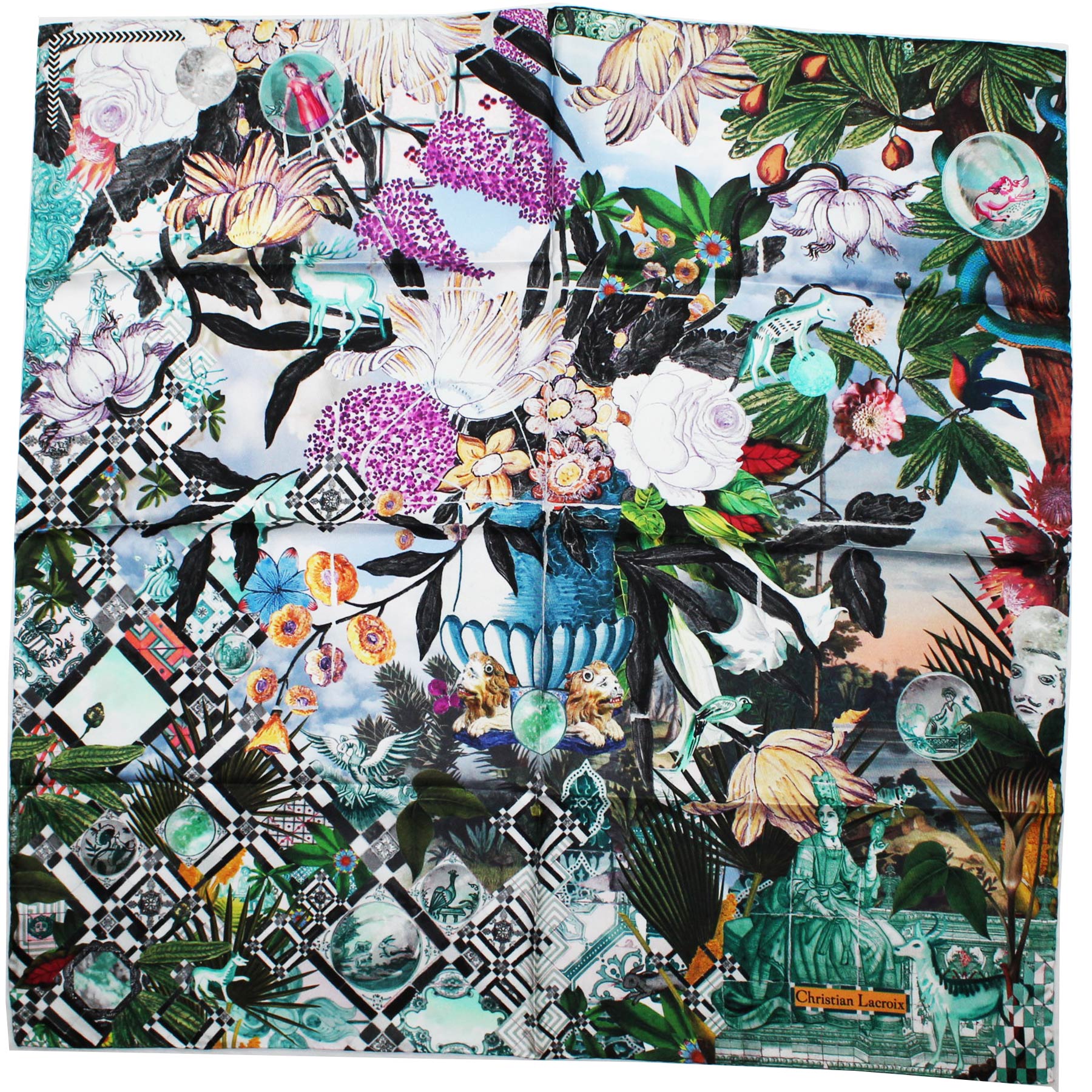 Christian Lacroix Scarf Aqua Green Brown Novelty - Large 36 Inch Square Twill Silk Scarf