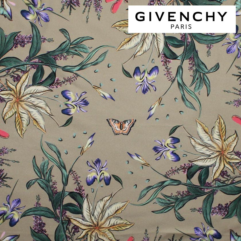 Givenchy Scarf Taupe Botanical Floral Dragonfly - Twill Silk Foulard SALE