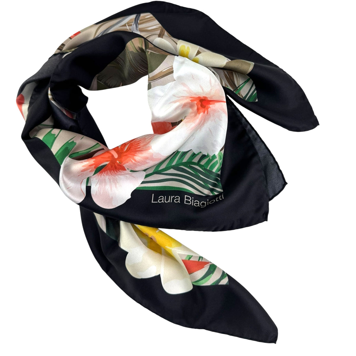 Floral scarf with &#39;Laura Biagiotti&#39; branding on a white background