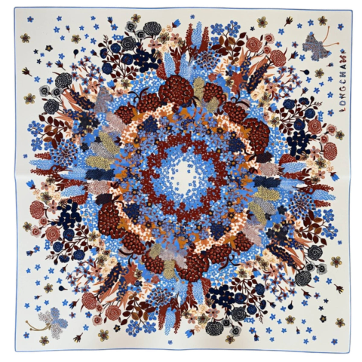 Longchamp Scarf Blue Rust Brown Botanical - Square Twill Silk Foulard