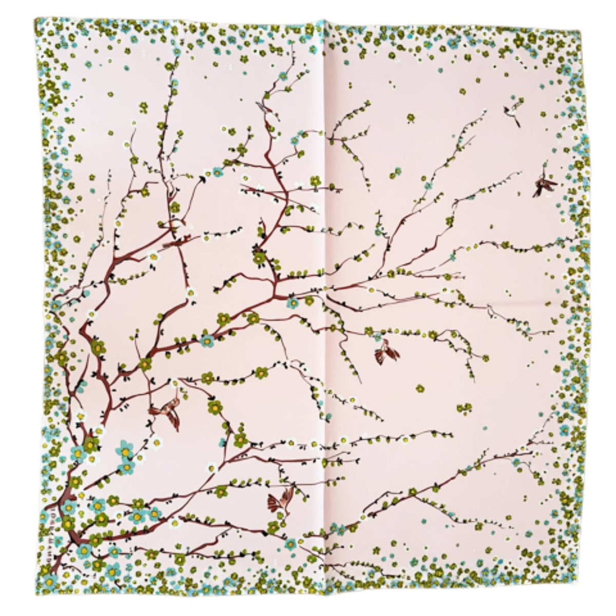 Longchamp Scarf Pink Green Mini Flowers &amp; Birds Design - Square Twill Silk Foulard