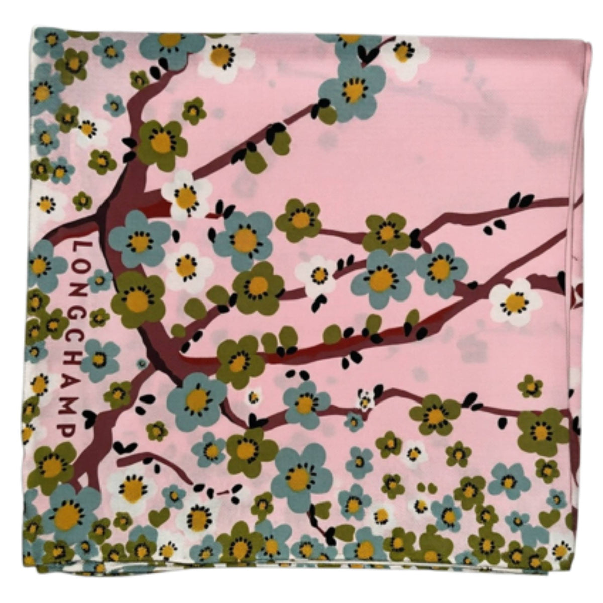 Longchamp Scarf Pink Green Mini Flowers &amp; Birds Design - Square Twill Silk Foulard