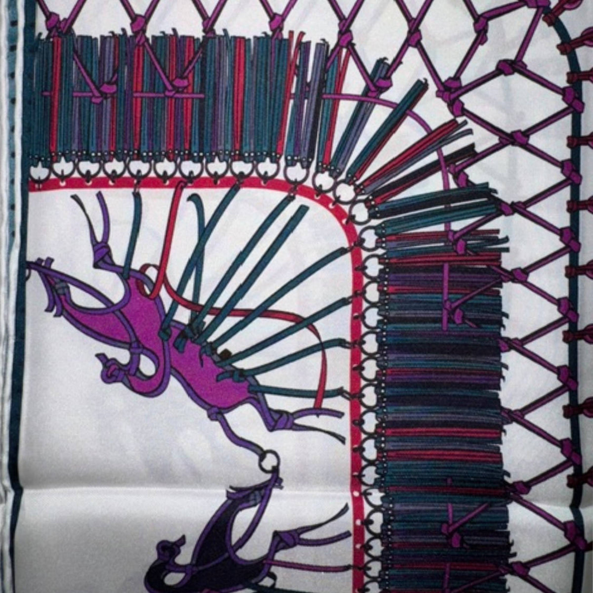 Longchamp Scarf Purple and White Tassel &amp; Emblematic Horse Logo - Square Twill Silk Foulard