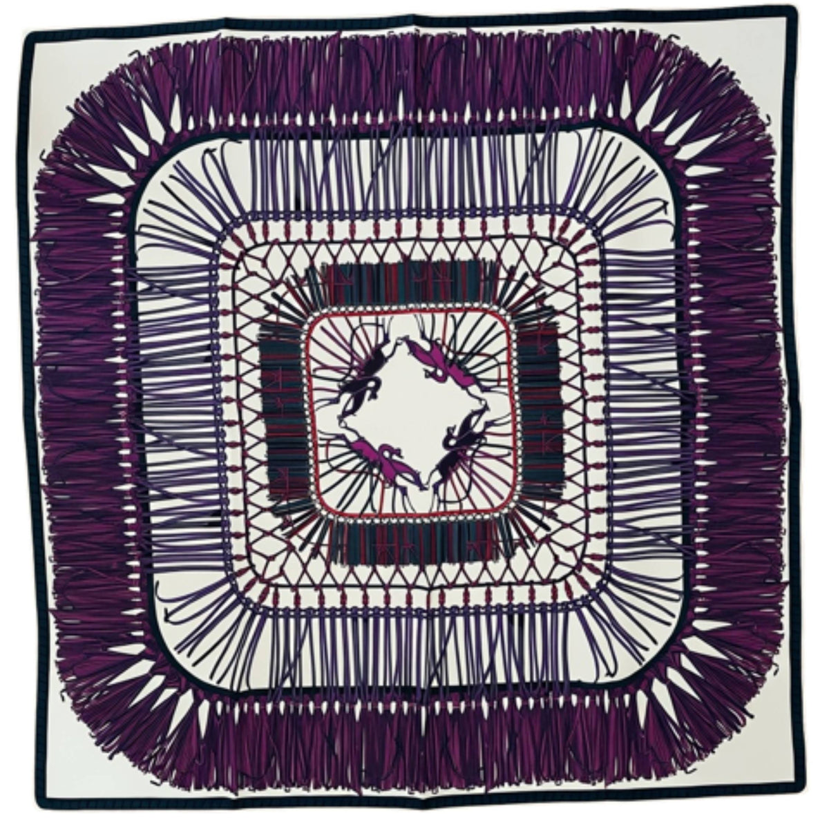 Longchamp Scarf Purple and White Tassel &amp; Emblematic Horse Logo - Square Twill Silk Foulard