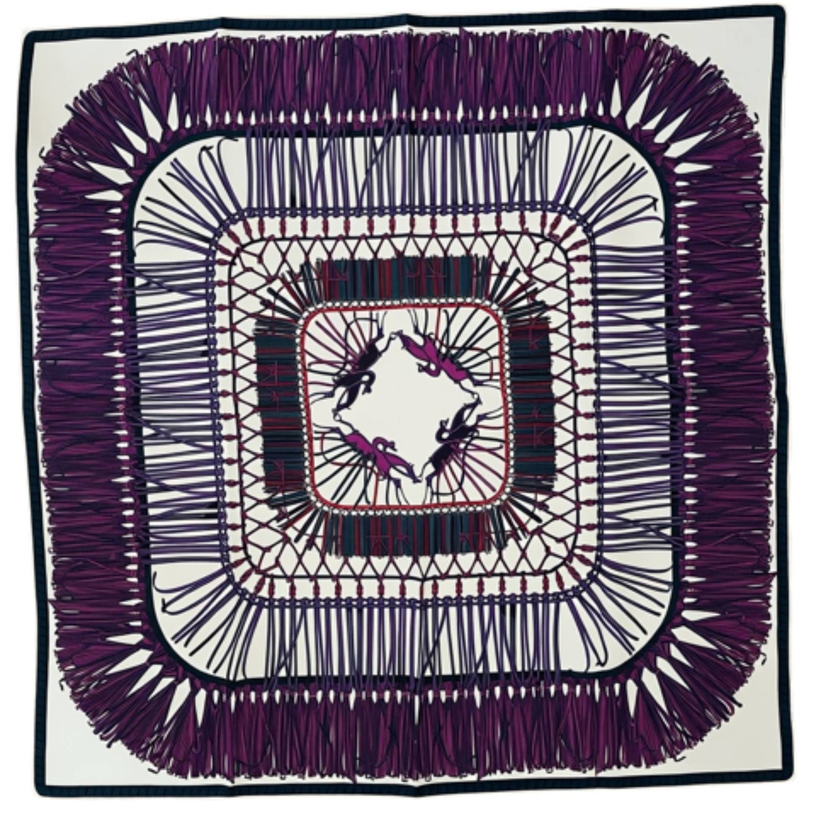 Longchamp Scarf Purple and White Tassel & Emblematic Horse Logo - Square Twill Silk Foulard