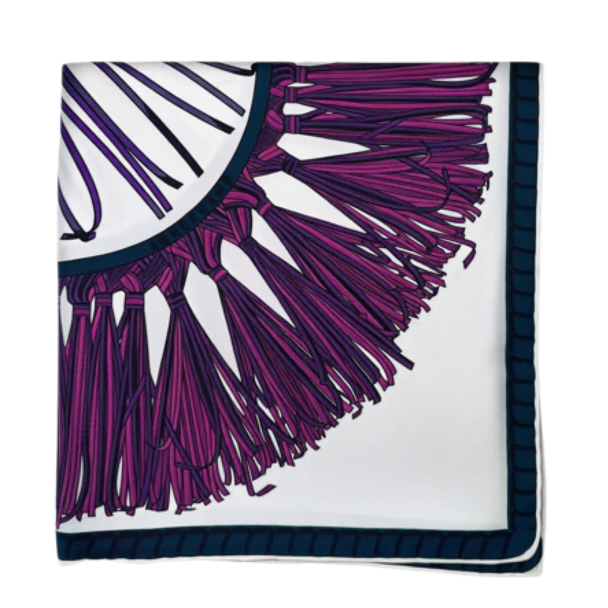 Longchamp Scarf Purple and White Tassel &amp; Emblematic Horse Logo - Square Twill Silk Foulard