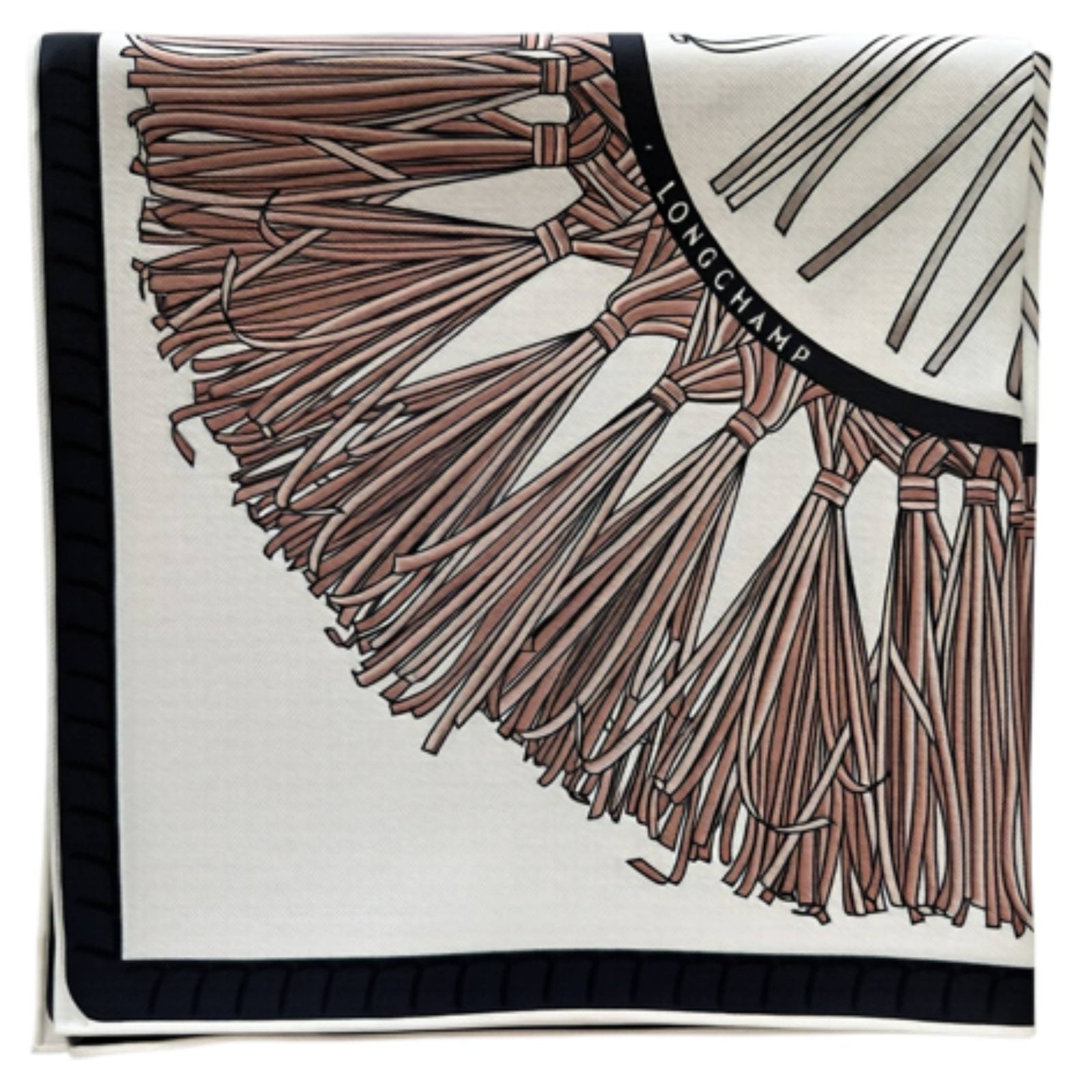 Longchamp Scarf Light Brown and White Tassel & Emblematic Horse Logo - Square Twill Silk Foulard