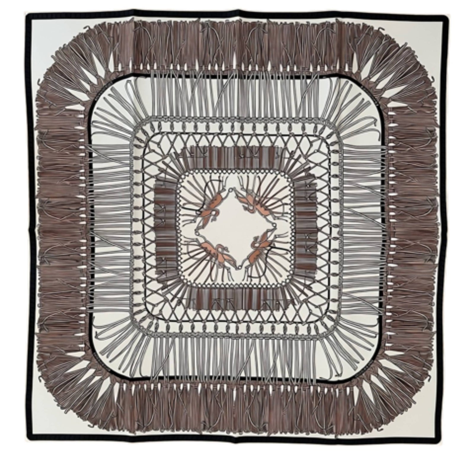 Longchamp Scarf Light Brown and White Tassel & Emblematic Horse Logo - Square Twill Silk Foulard