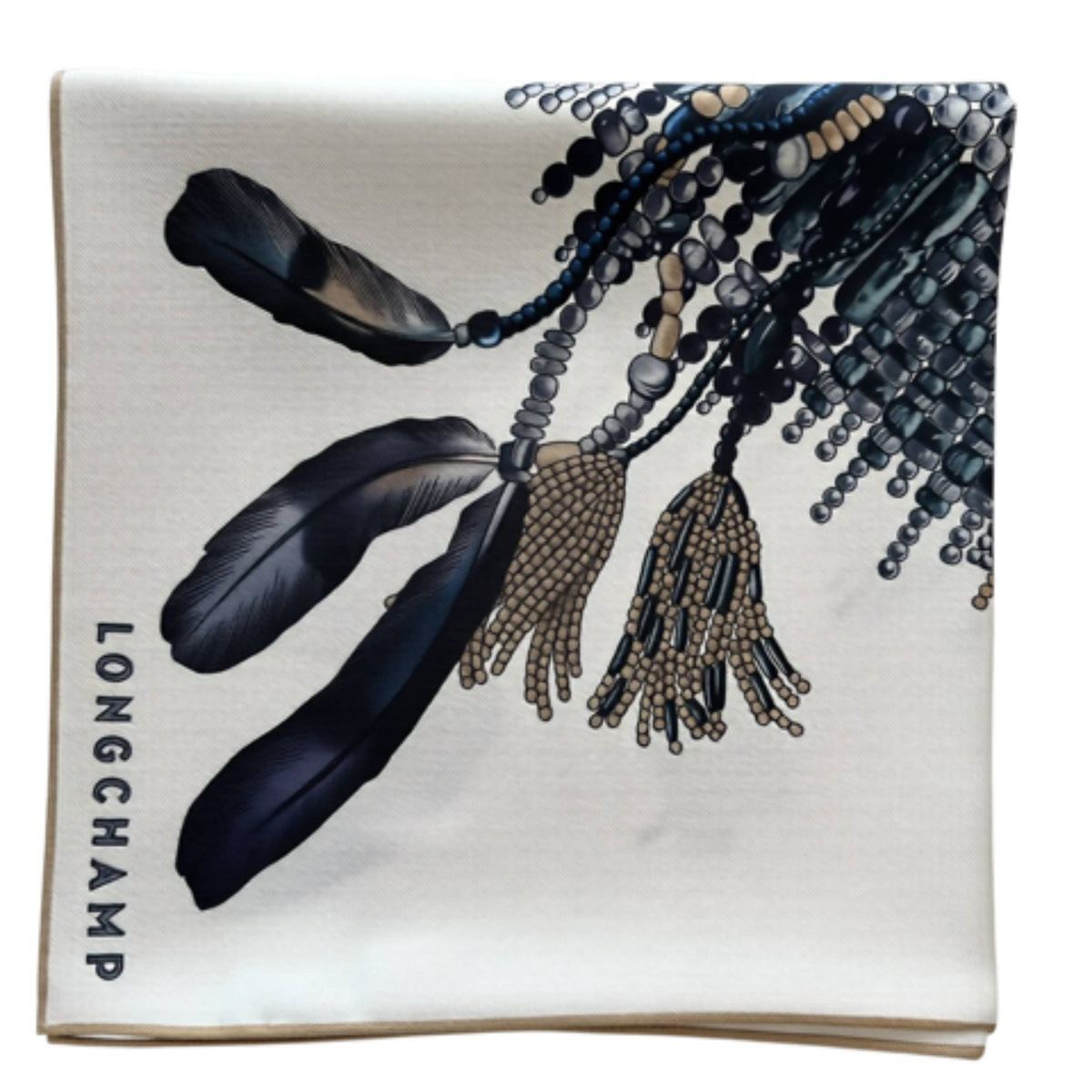 Longchamp Scarf Grey Blue Brown COLLIER MASSAÏ - Square Twill Silk Foulard