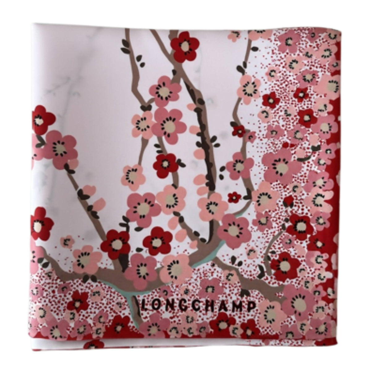 Longchamp Scarf Pink Red Blue Mini Flowers &amp; Birds Design - Square Twill Silk Foulard