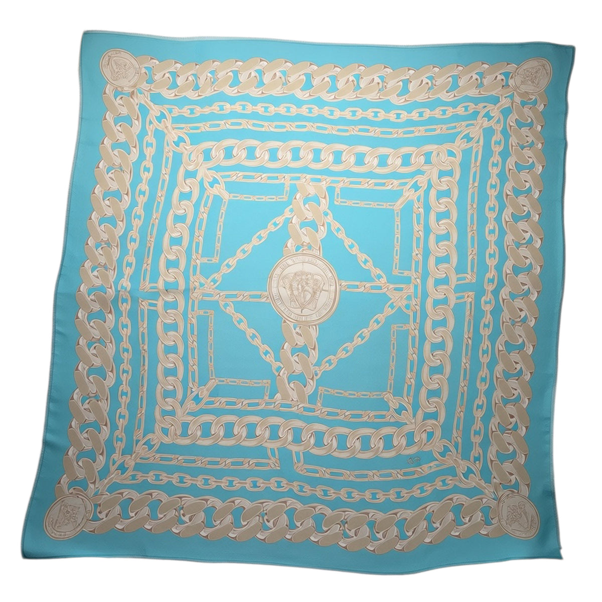Versace Scarf Aqua Blue Gray-Silver Chain &amp; Medusa - Extra Large Square Shawl