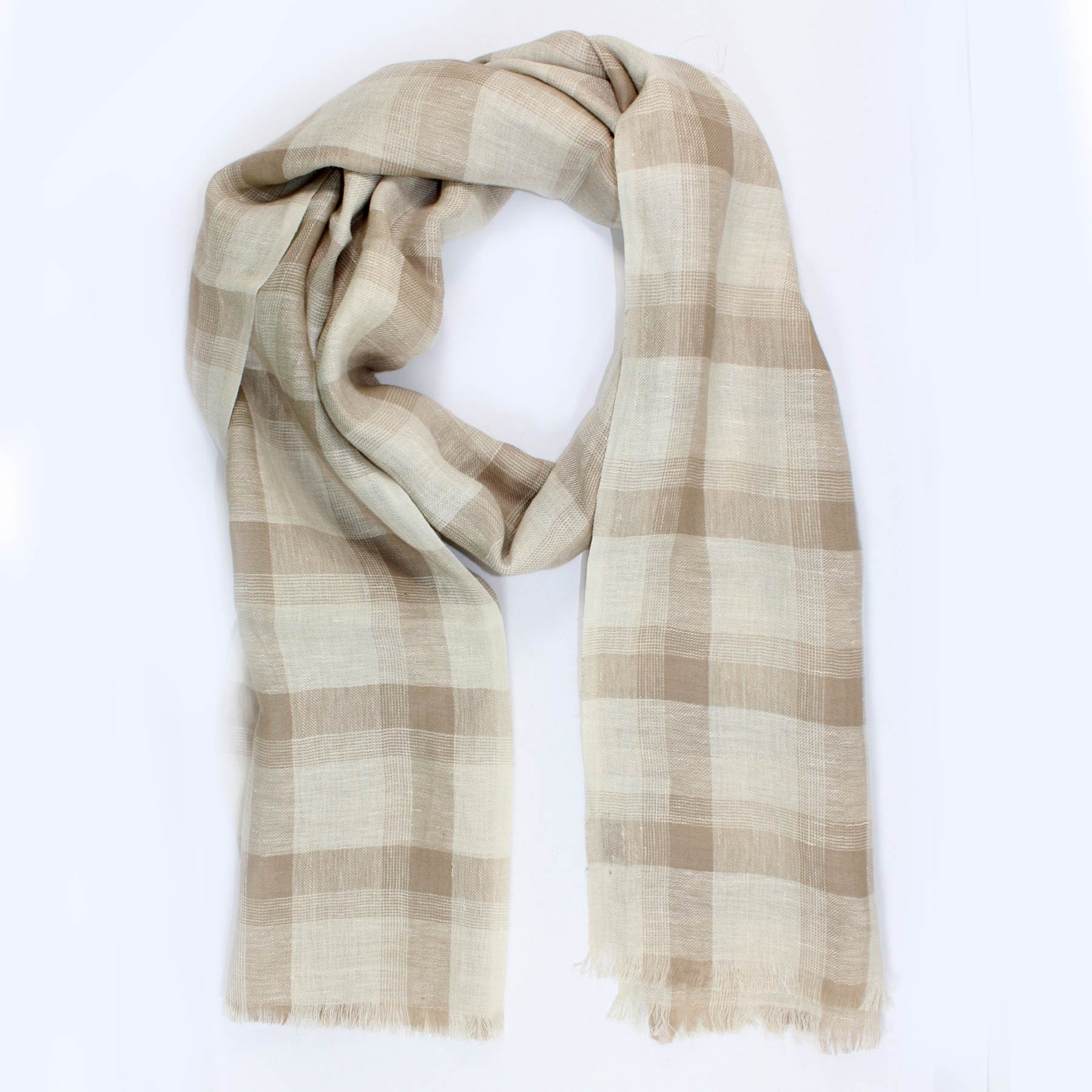 Agnona Scarf Beige Check - Cashmere Linen Shawl