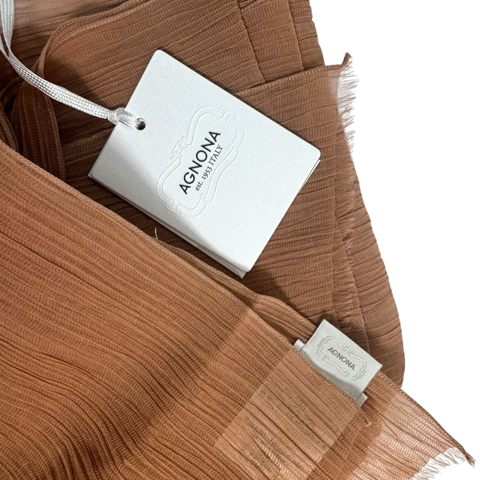 Agnona Scarf Rust Brown Pleated Design - Luxury Cotton Silk Shawl