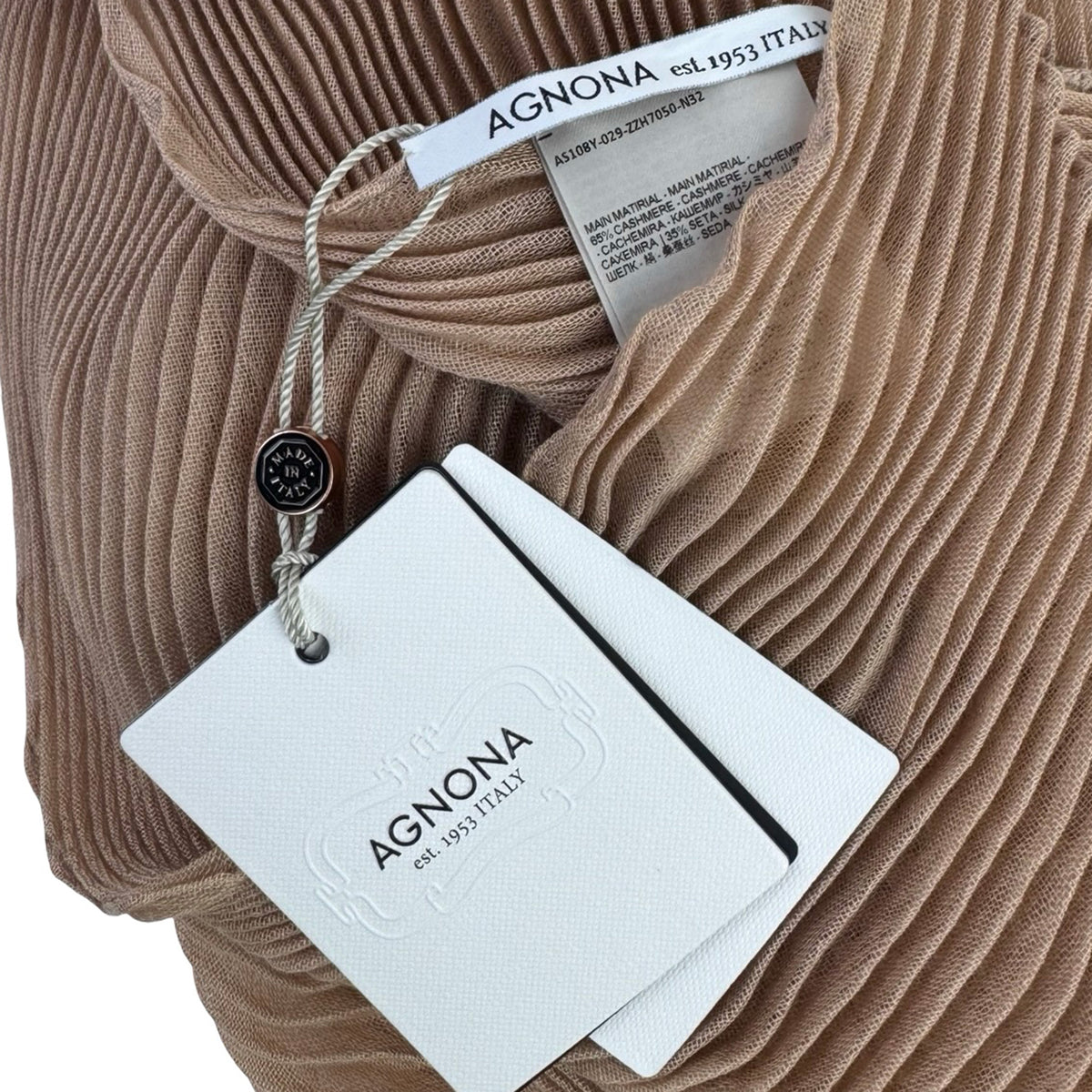 Agnona Scarf Tan Pleated Design - Luxury Cashmere Silk Shawl