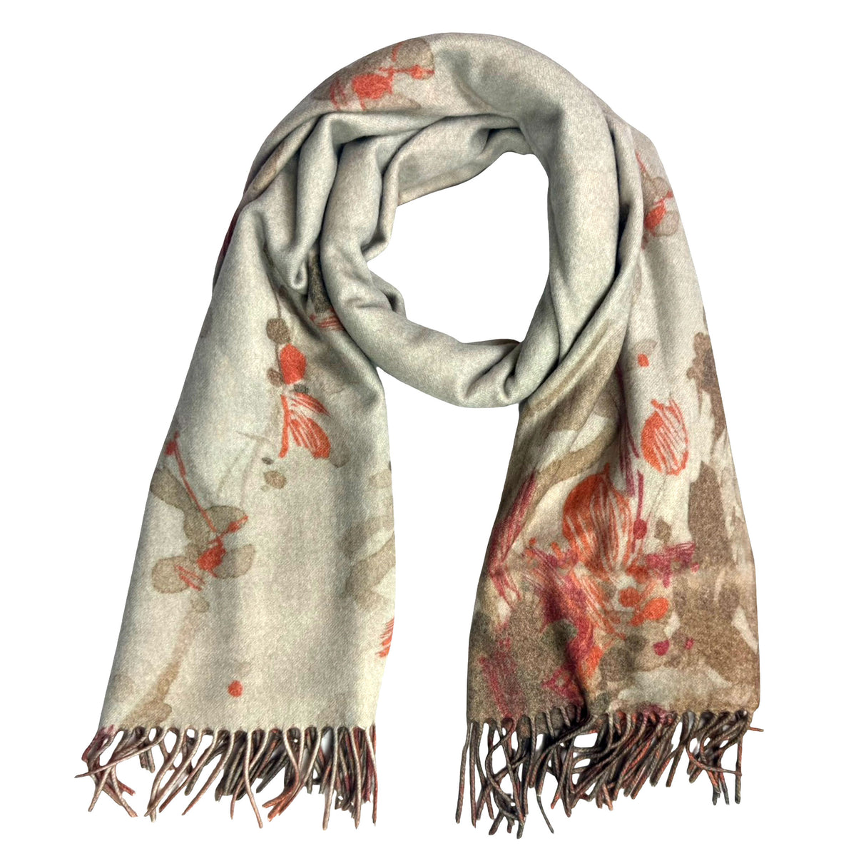 Agnona Cashmere Scarf Beige &amp; Orange Green Floral Reversible - Luxury Women Shawl