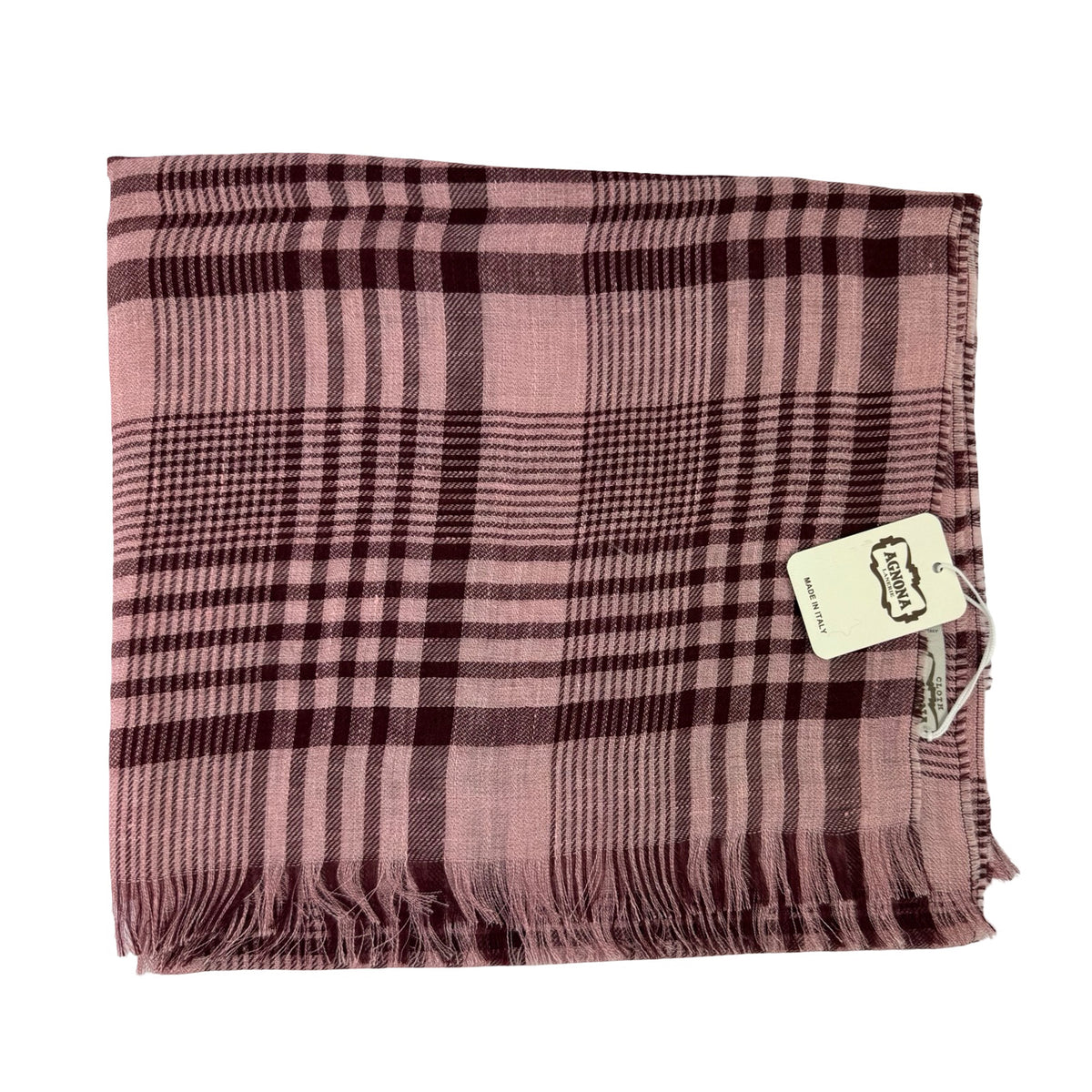 Agnona Scarf Pink Bordeaux Plaid - Linen Cashmere Silk Shawl SALE