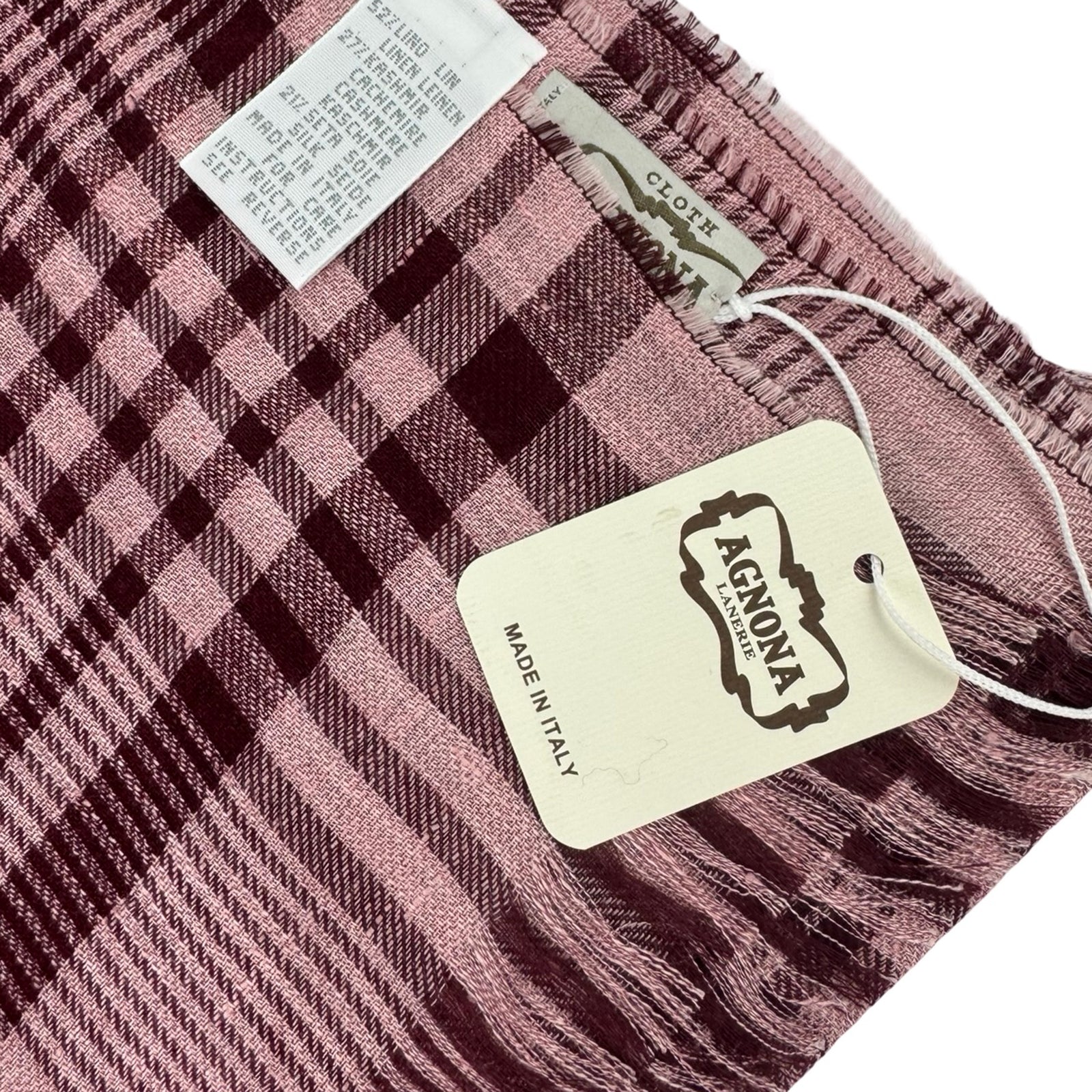 Agnona Scarf Pink Bordeaux Plaid - Linen Cashmere Silk Shawl SALE