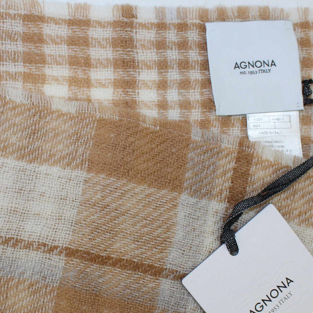 Agnona Wool Throw Blanket White Brown Plaid