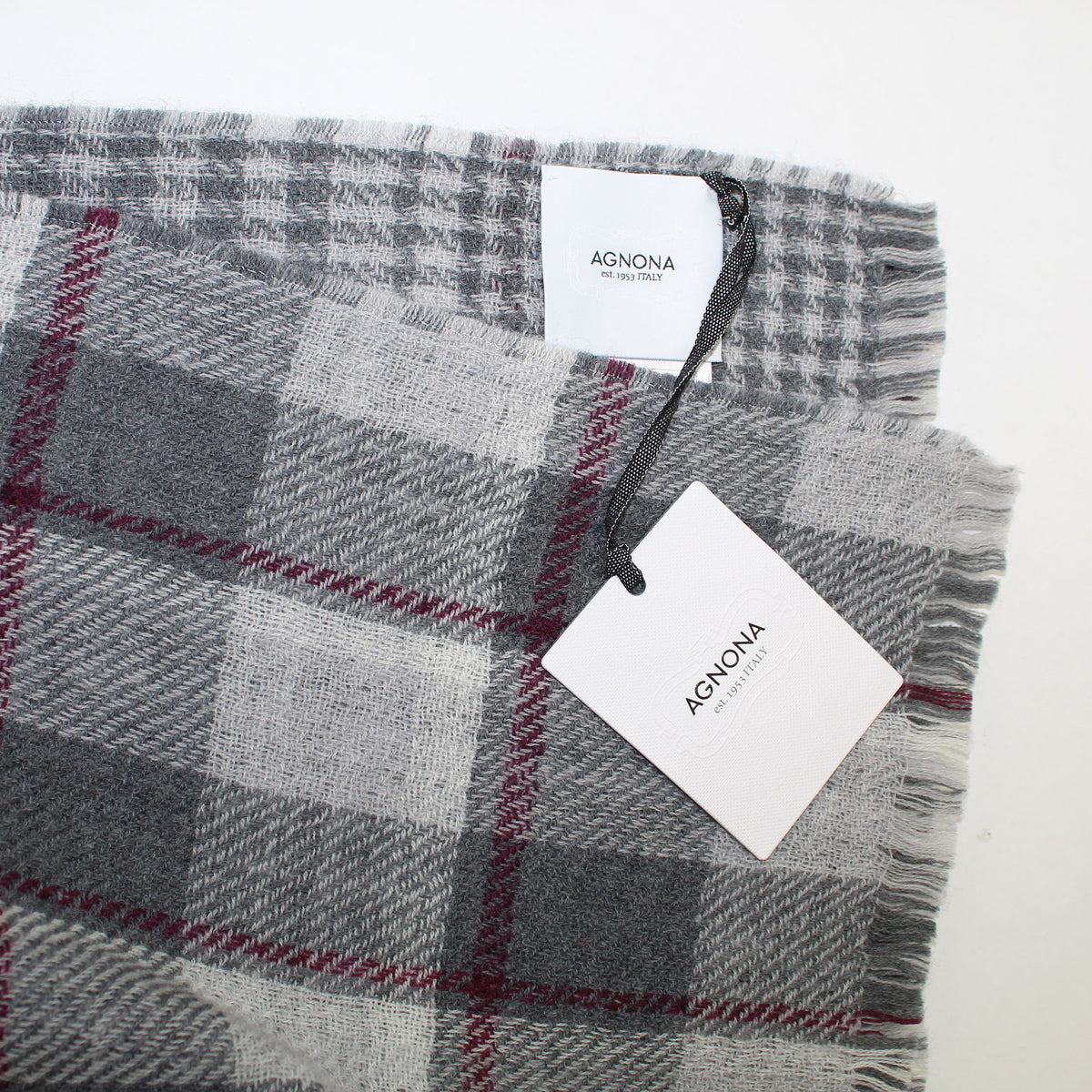 Agnona Blanket Gray Maroon Plaid Houndstooth - Reversible