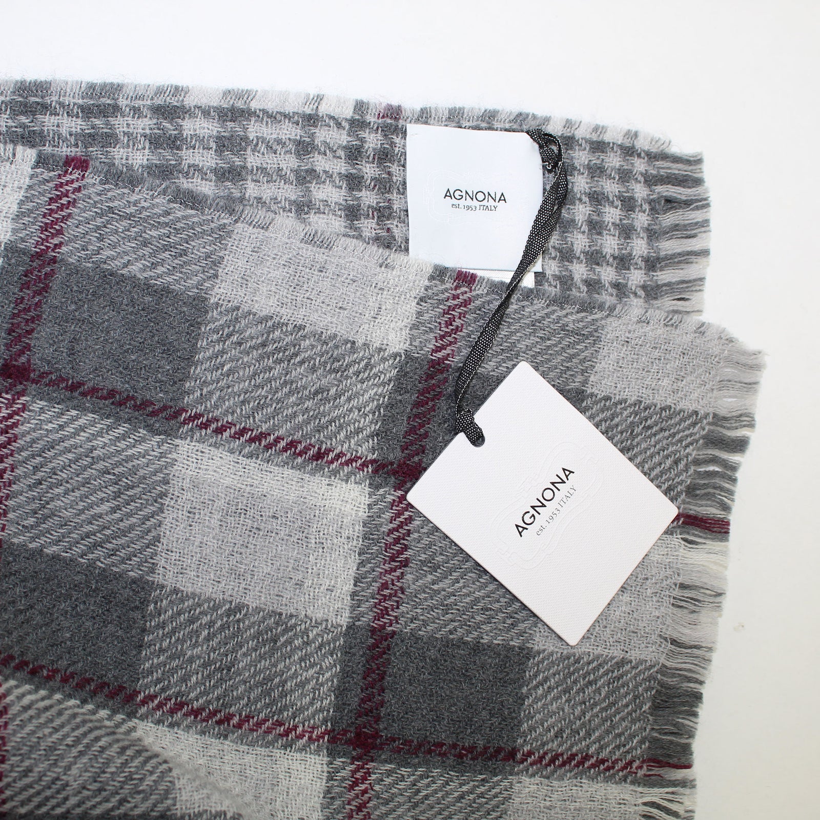 Agnona Wool Throw Blanket Gray Maroon Houndstooth - Reversible