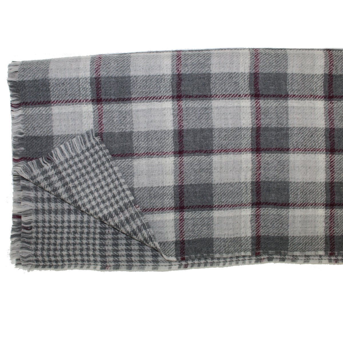 Agnona Wool Throw Blanket Gray Maroon Plaid Houndstooth - Reversible
