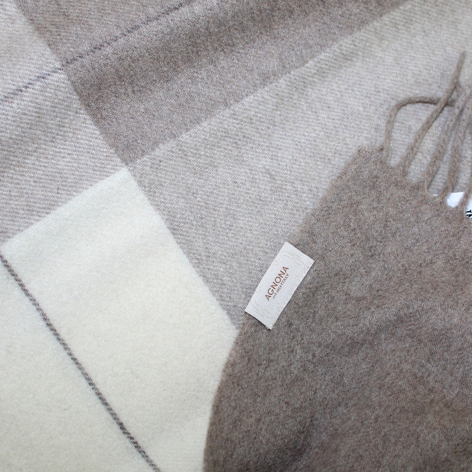 Agnona Cashmere Throw Blanket Stone Gray Tan Plaid