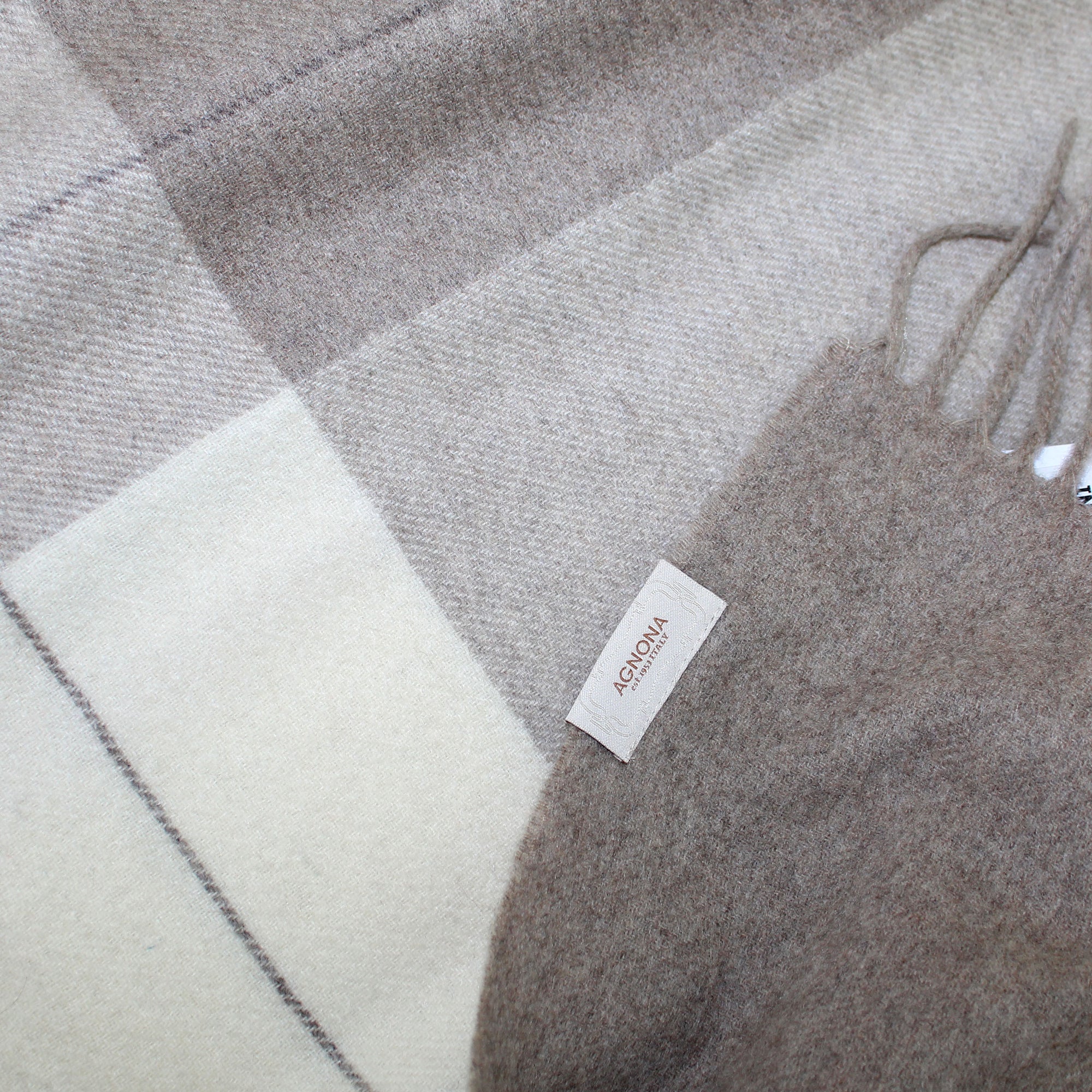 Agnona Cashmere Throw Blanket Stone Gray Tan Plaid