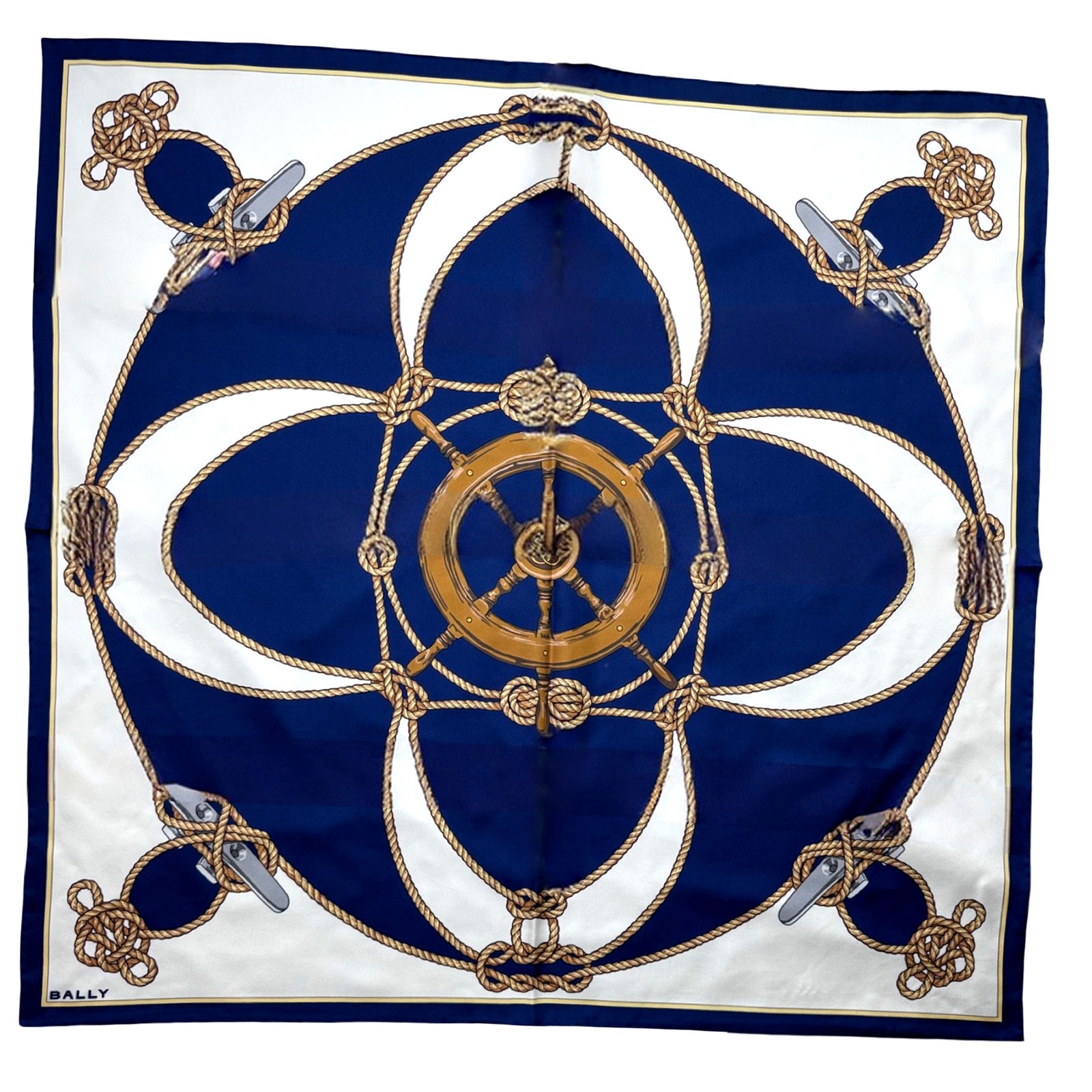 Bally Scarf Navy White Nautical Design - Twill Silk Square Foulard