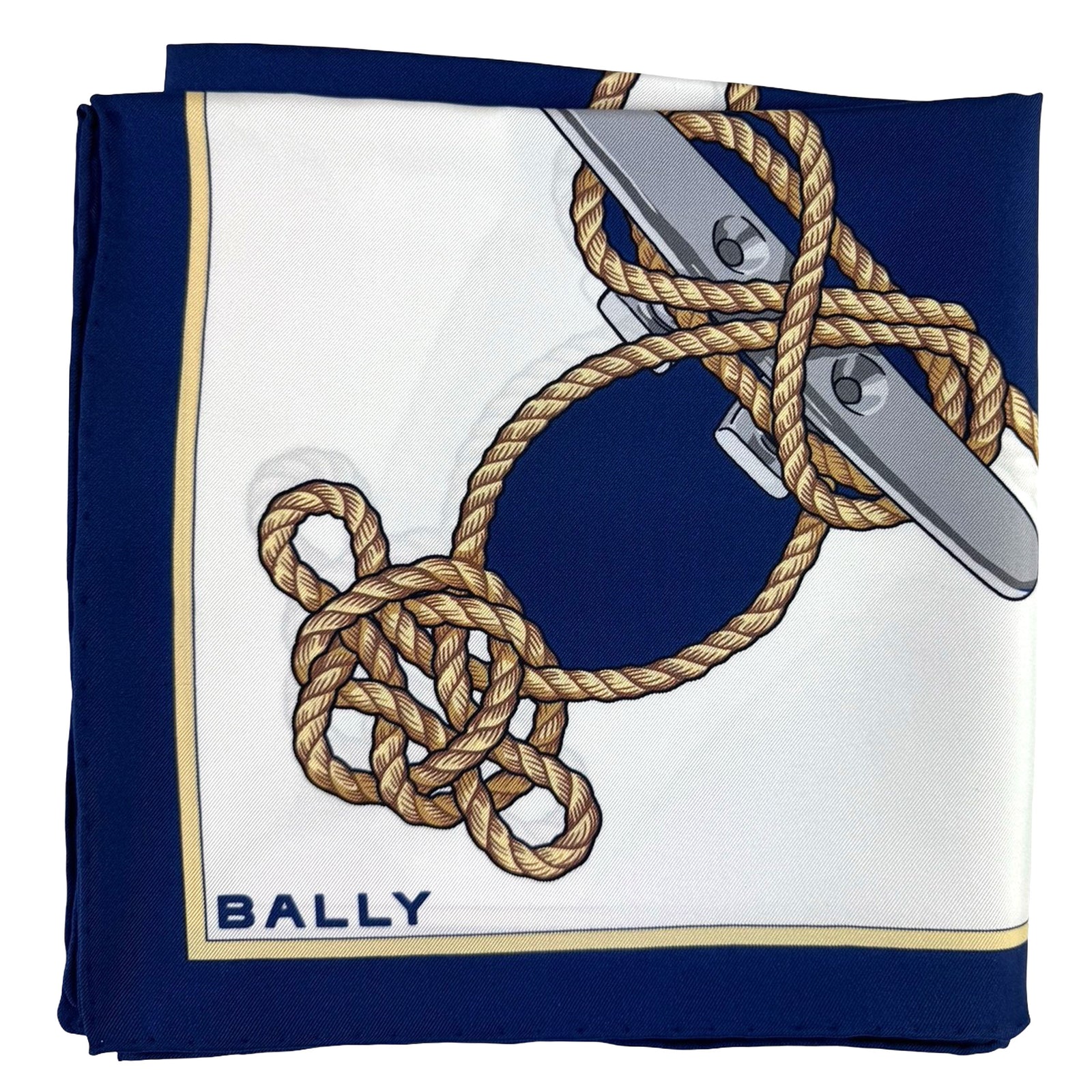 Bally Scarf Navy White Nautical Design - Twill Silk Square Foulard