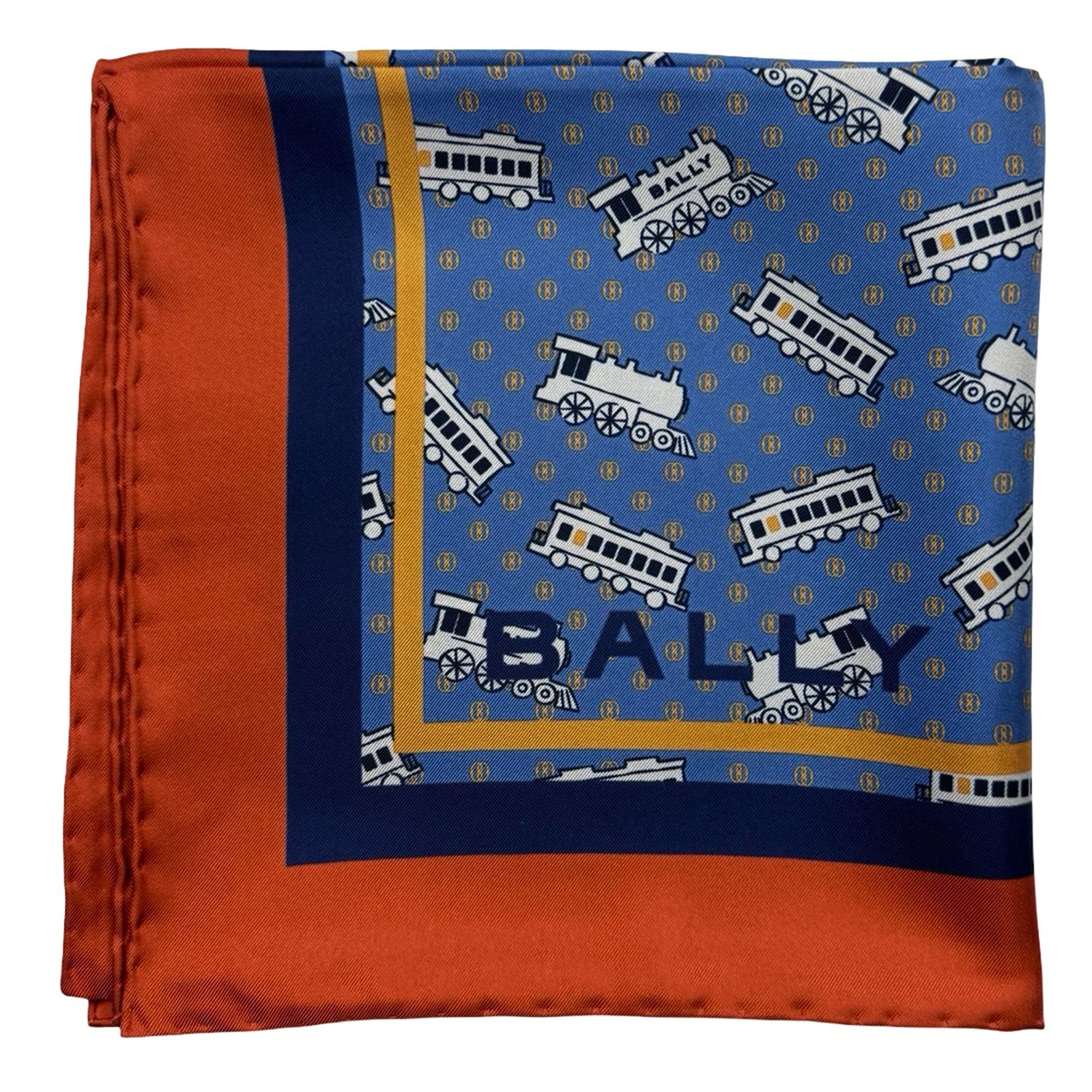 Bally Scarf Blue Novelty Train Design - Twill Silk Square Foulard