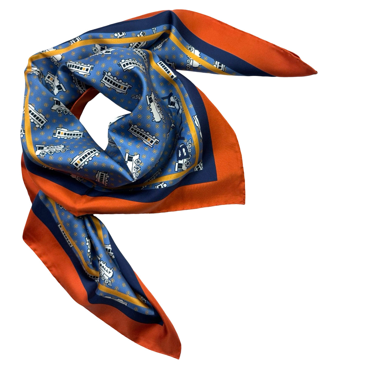 Bally Scarf Blue Novelty Train Design - Twill Silk Square Foulard