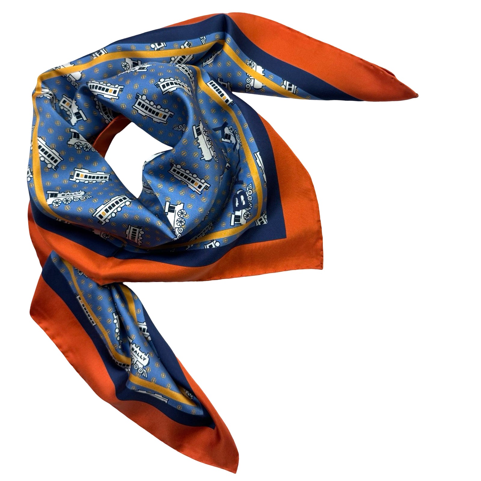 Bally Scarf Blue Novelty Train Design - Twill Silk Square Foulard