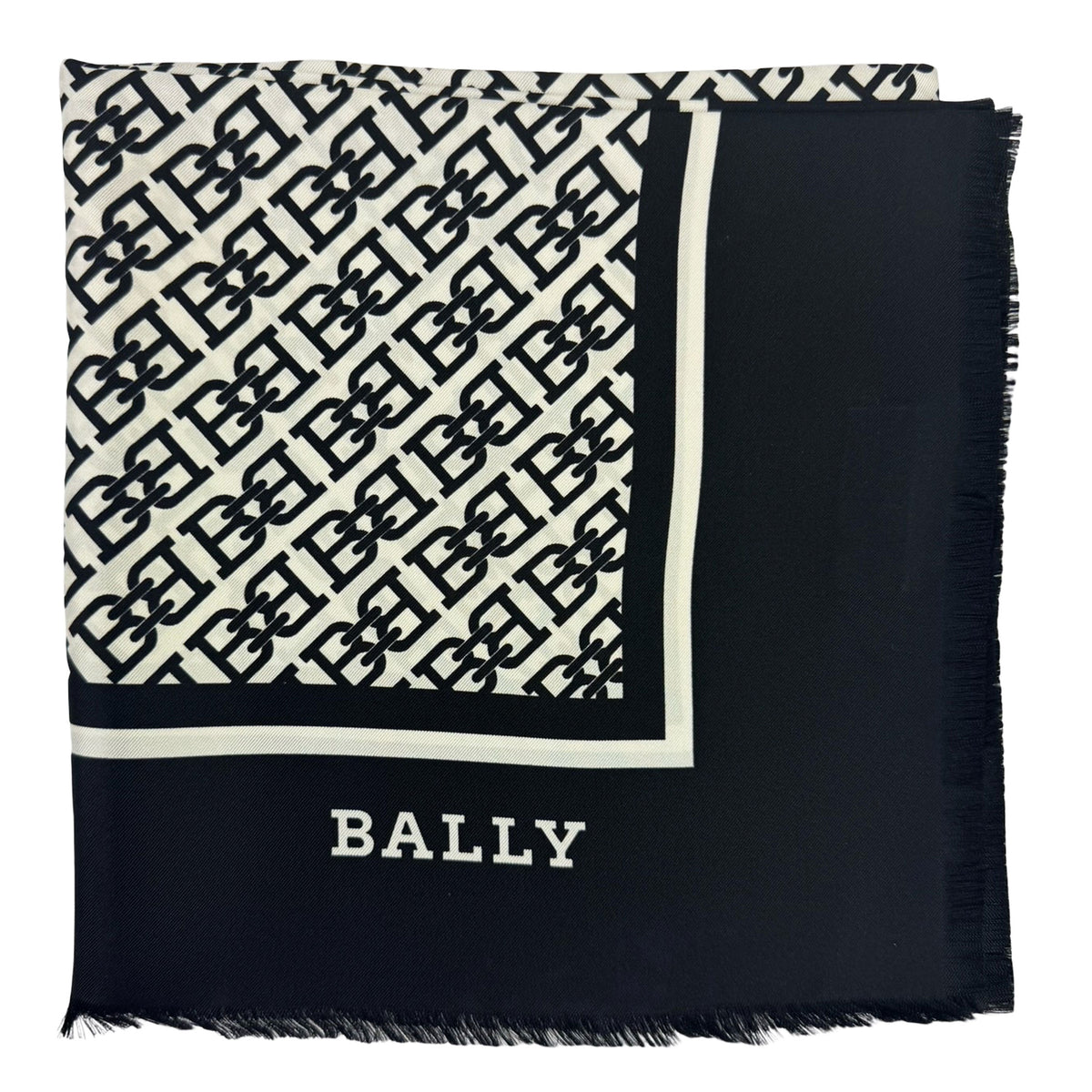Bally Scarf Black B Logo - Square Silk Foulard Fringe