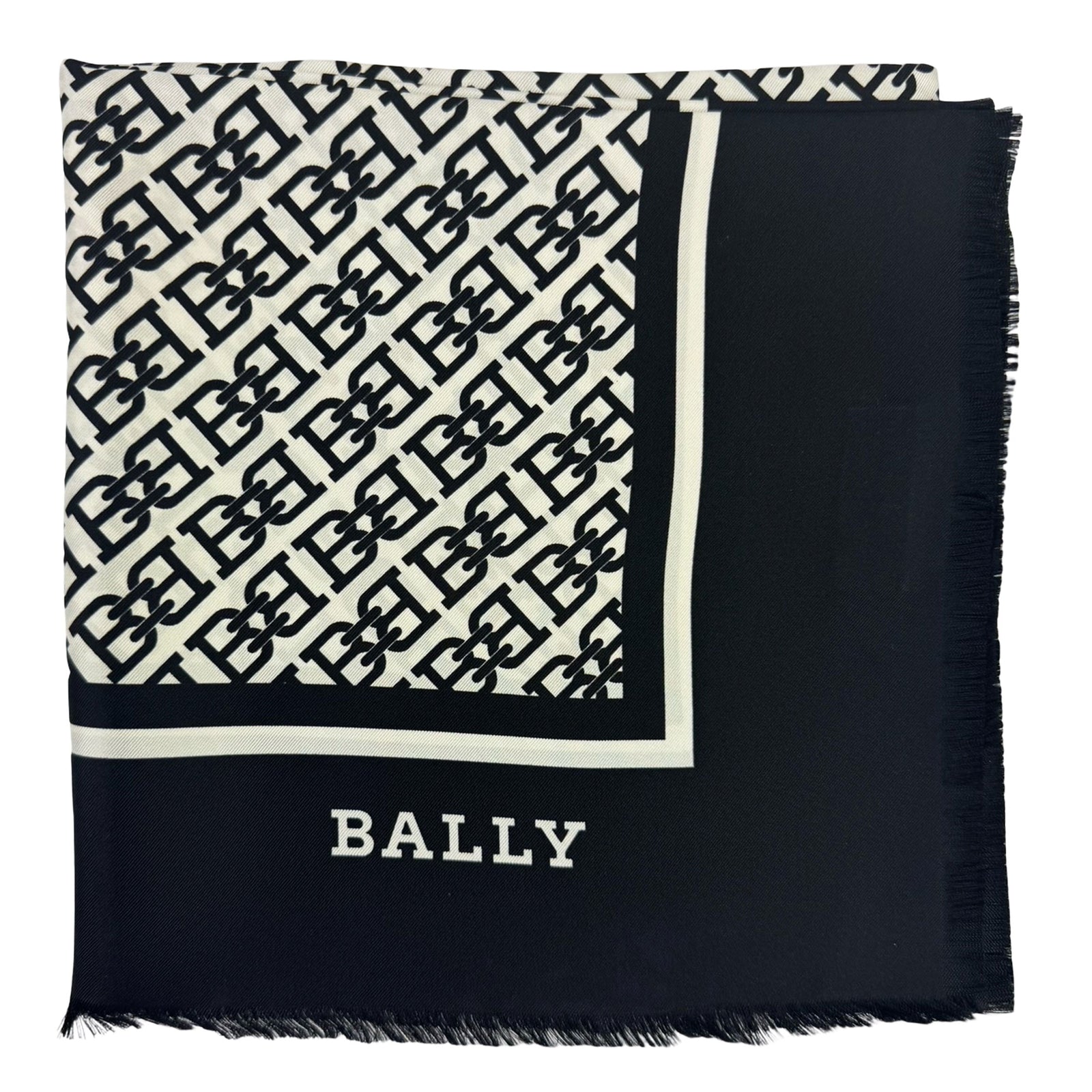 Bally Scarf Black B Logo - Square Silk Foulard Fringe