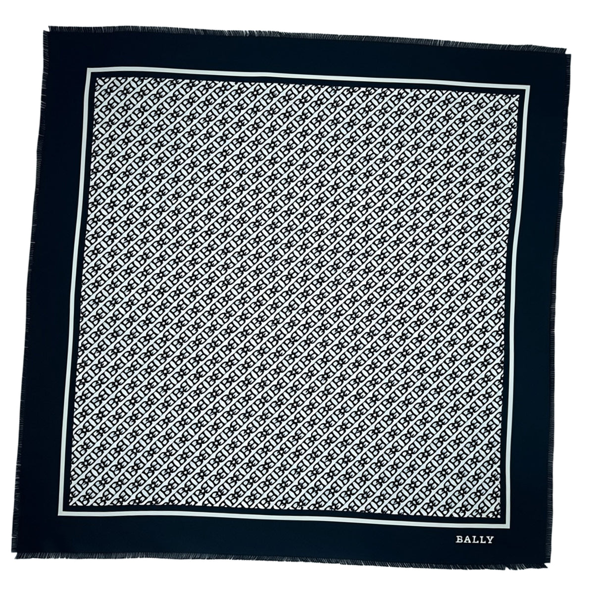 Bally Scarf Black B Logo - Square Silk Foulard Fringe