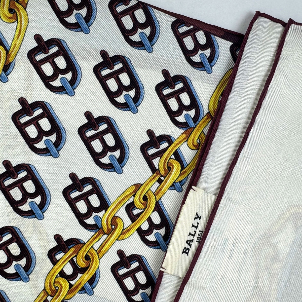 Bally Scarf Blue gold Chain - Twill Silk Square Foulard