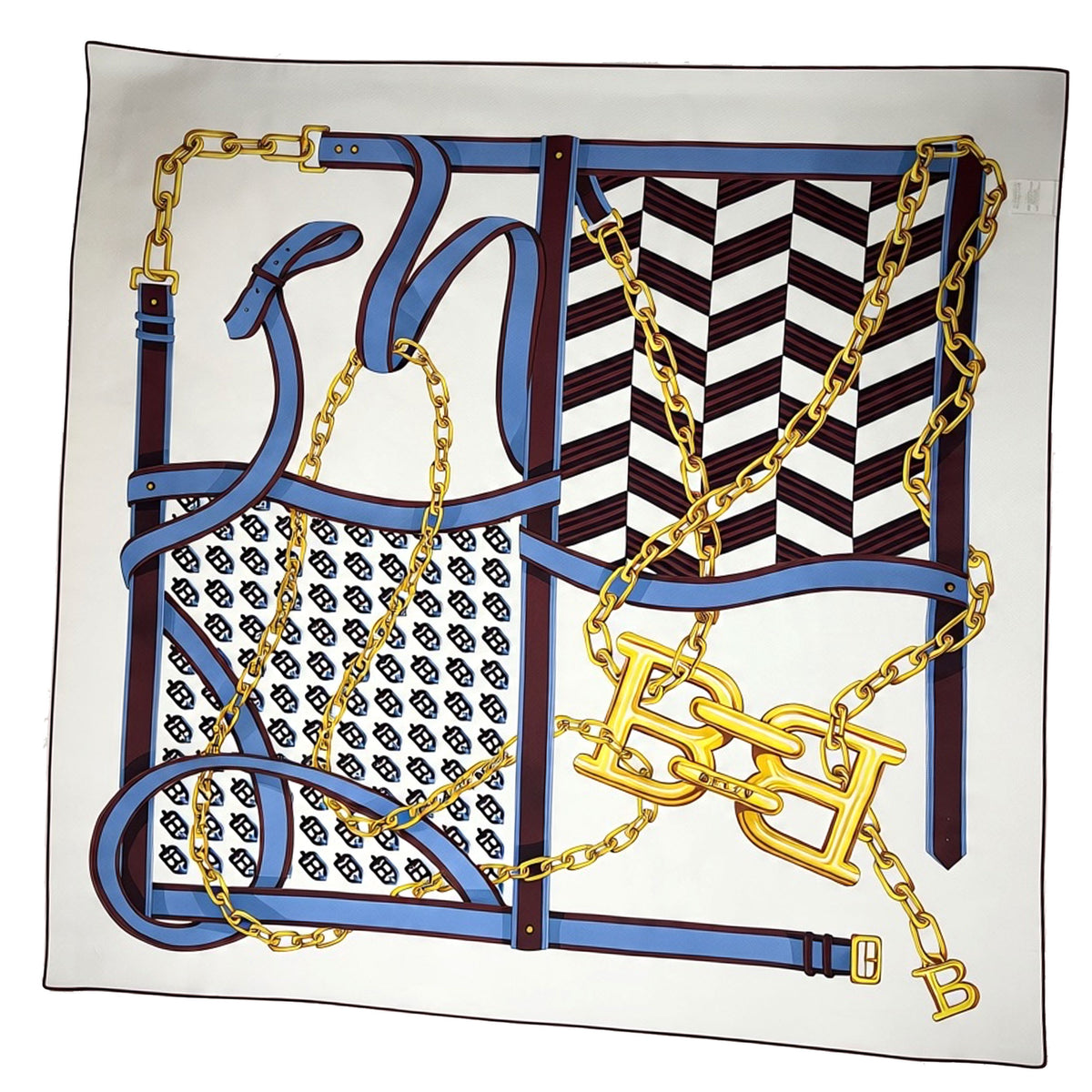 Bally Scarf Blue gold Chain - Twill Silk Square Foulard