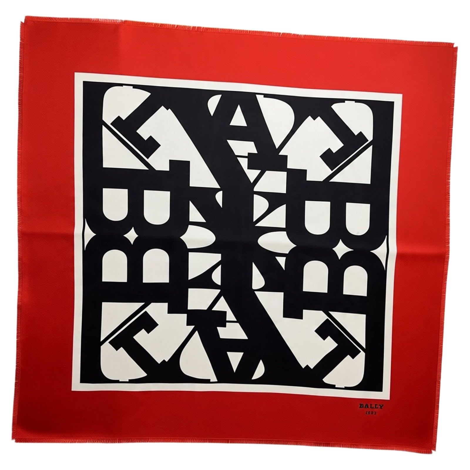 Bally Scarf Red Logo - Twill Silk Square Foulard Fringe