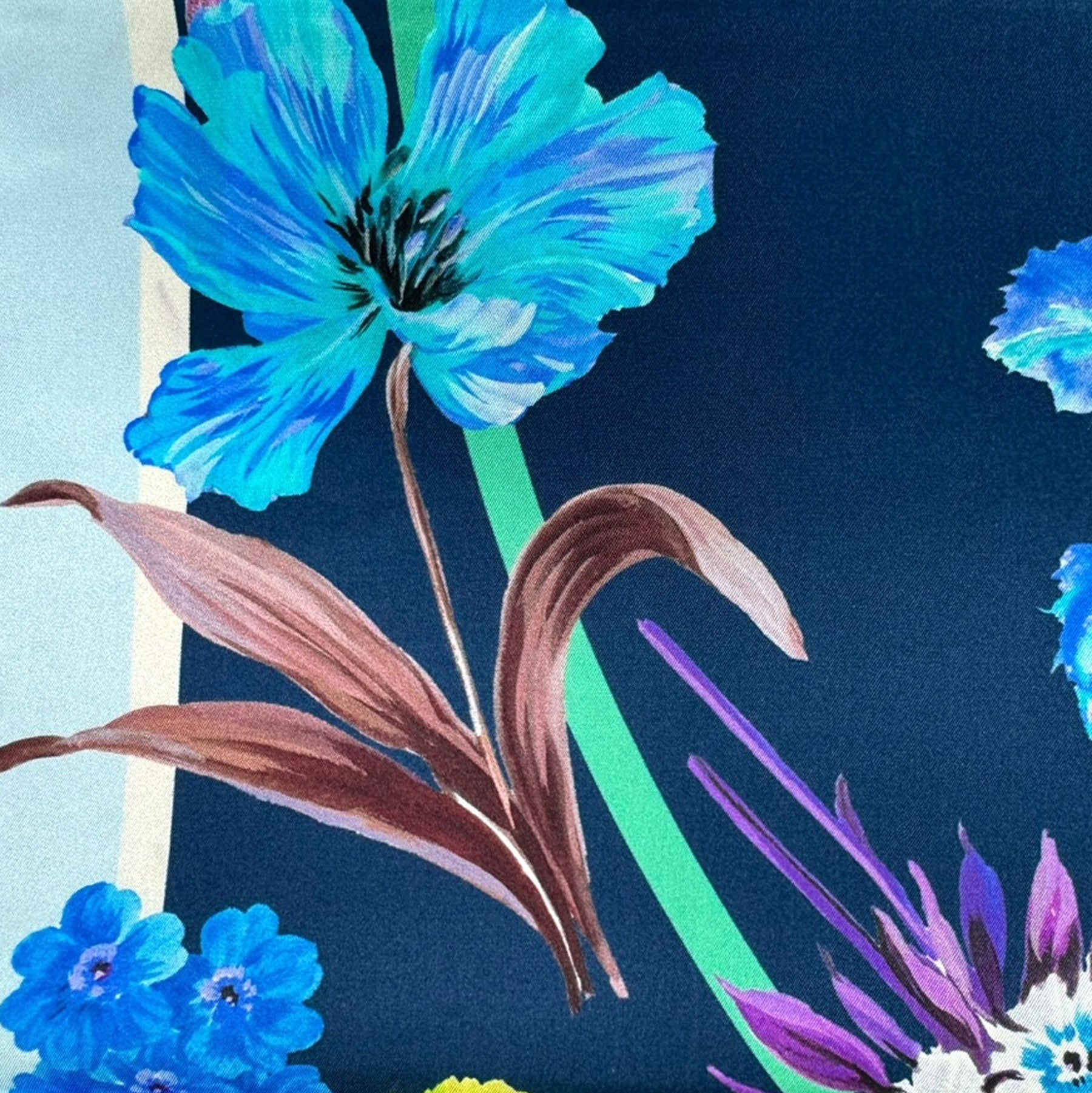 Laura Biagiotti Scarf Dark Blue Sky Blue Floral - Square Silk Foulard