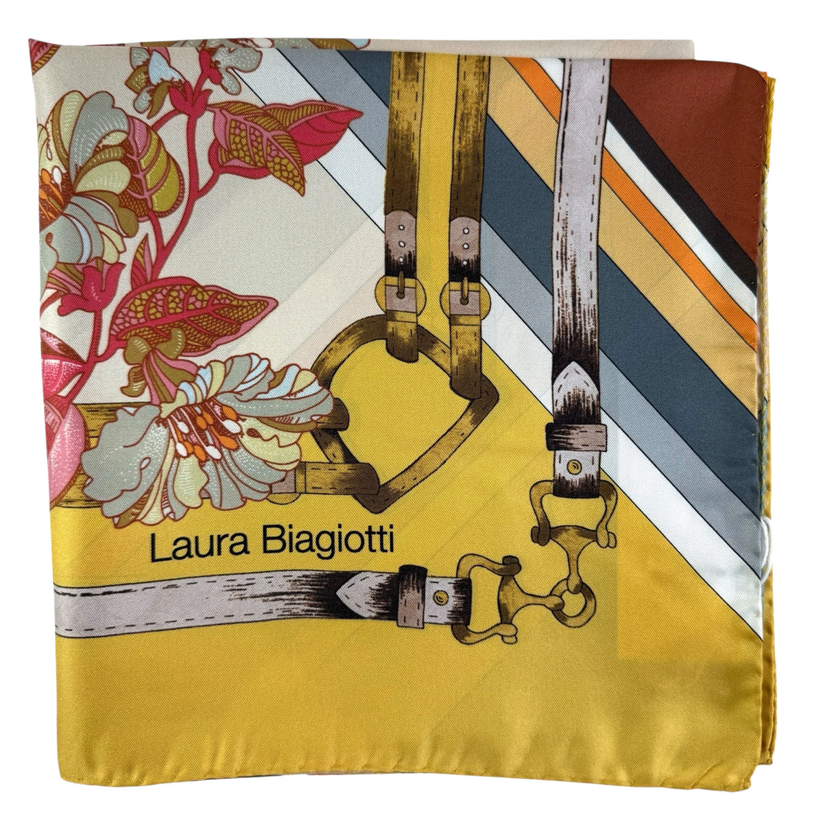 Laura Biagiotti Silk Scarf Mustard Design - Square Foulard - Made In Italy