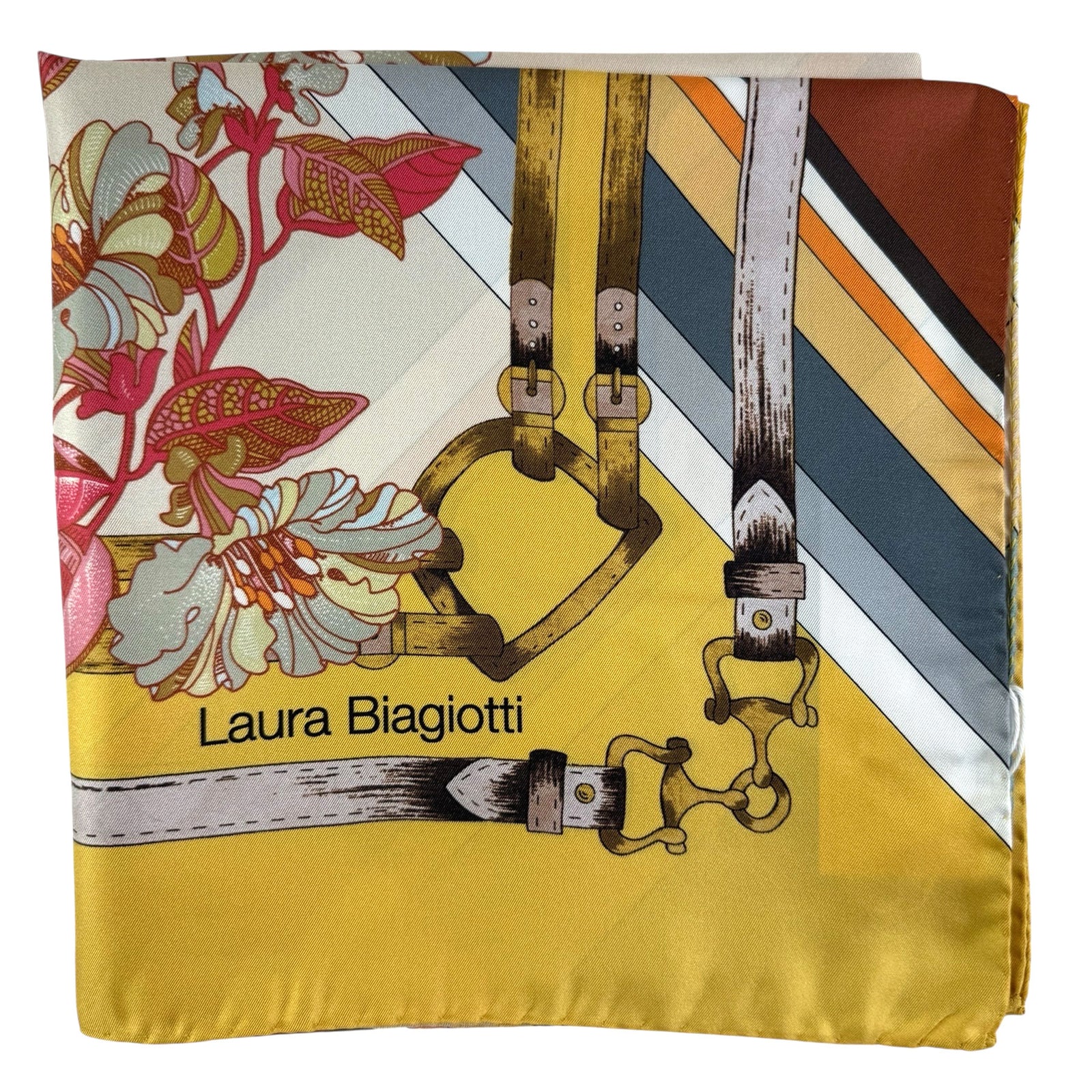 Laura Biagiotti Silk Scarf Mustard Design - Square Foulard - Made In Italy