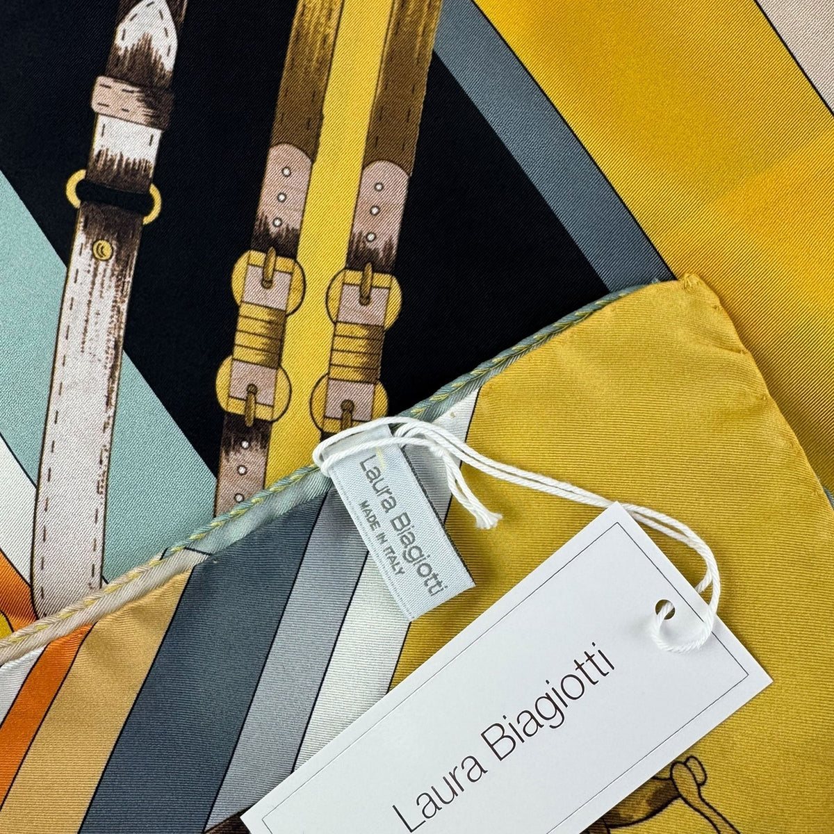 Laura Biagiotti Silk Scarf Mustard Equestrian Belts &amp; Floral - Square Foulard - Made In Italy