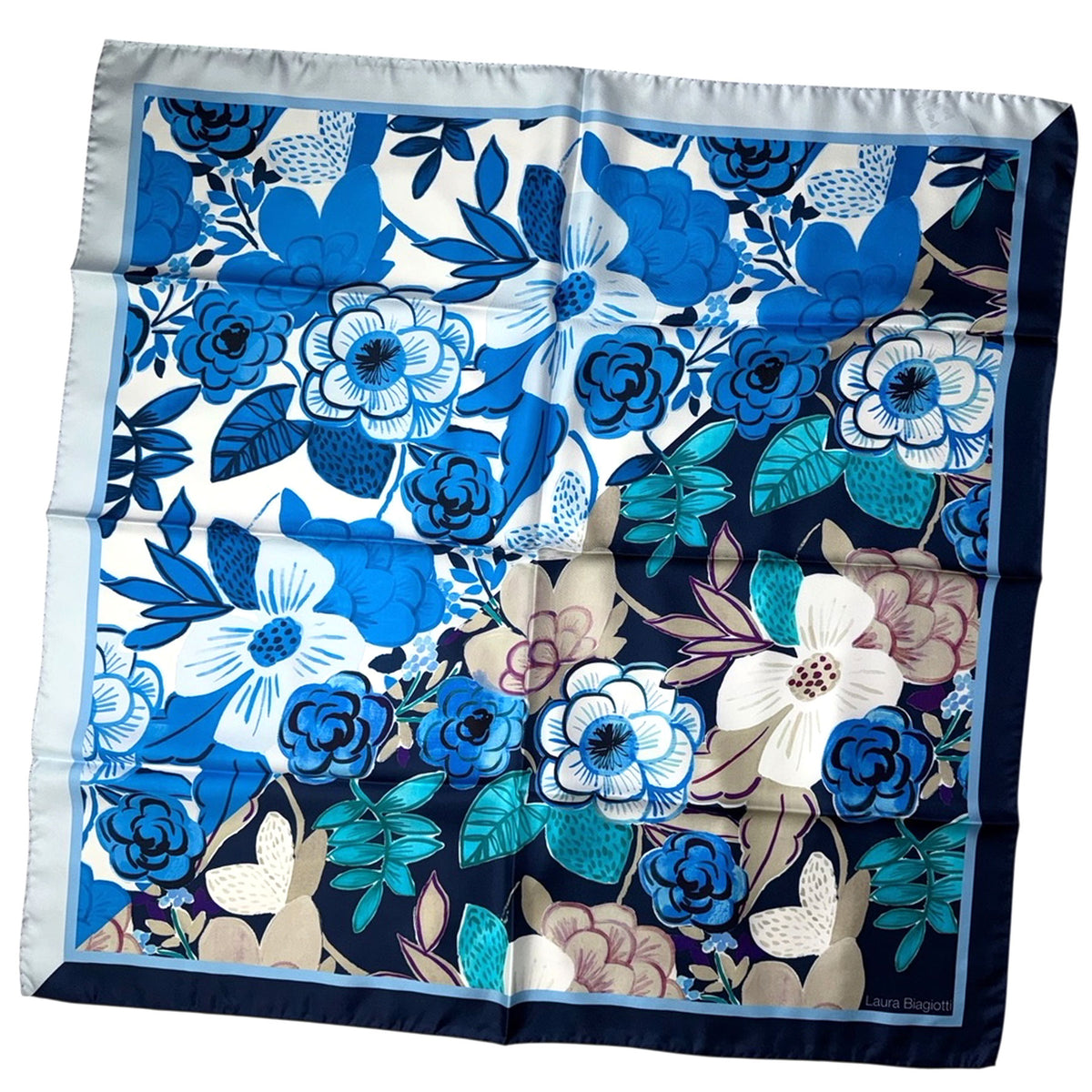 Laura Biagiotti Silk Scarf Blue Abstract Floral - Square Foulard