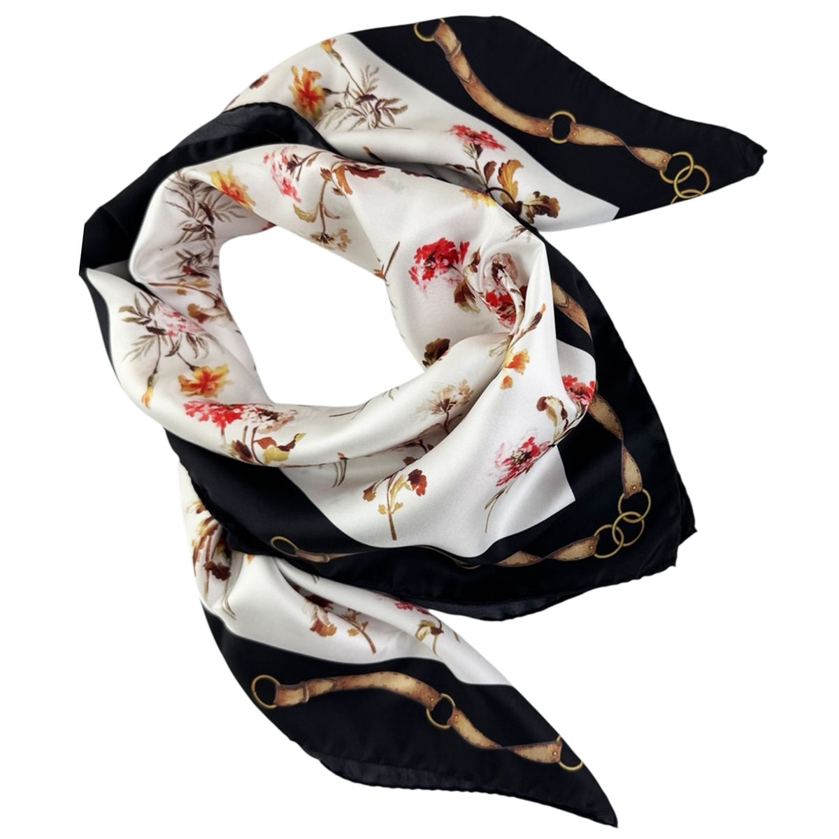 Floral and equestrian-themed scarf on a white background