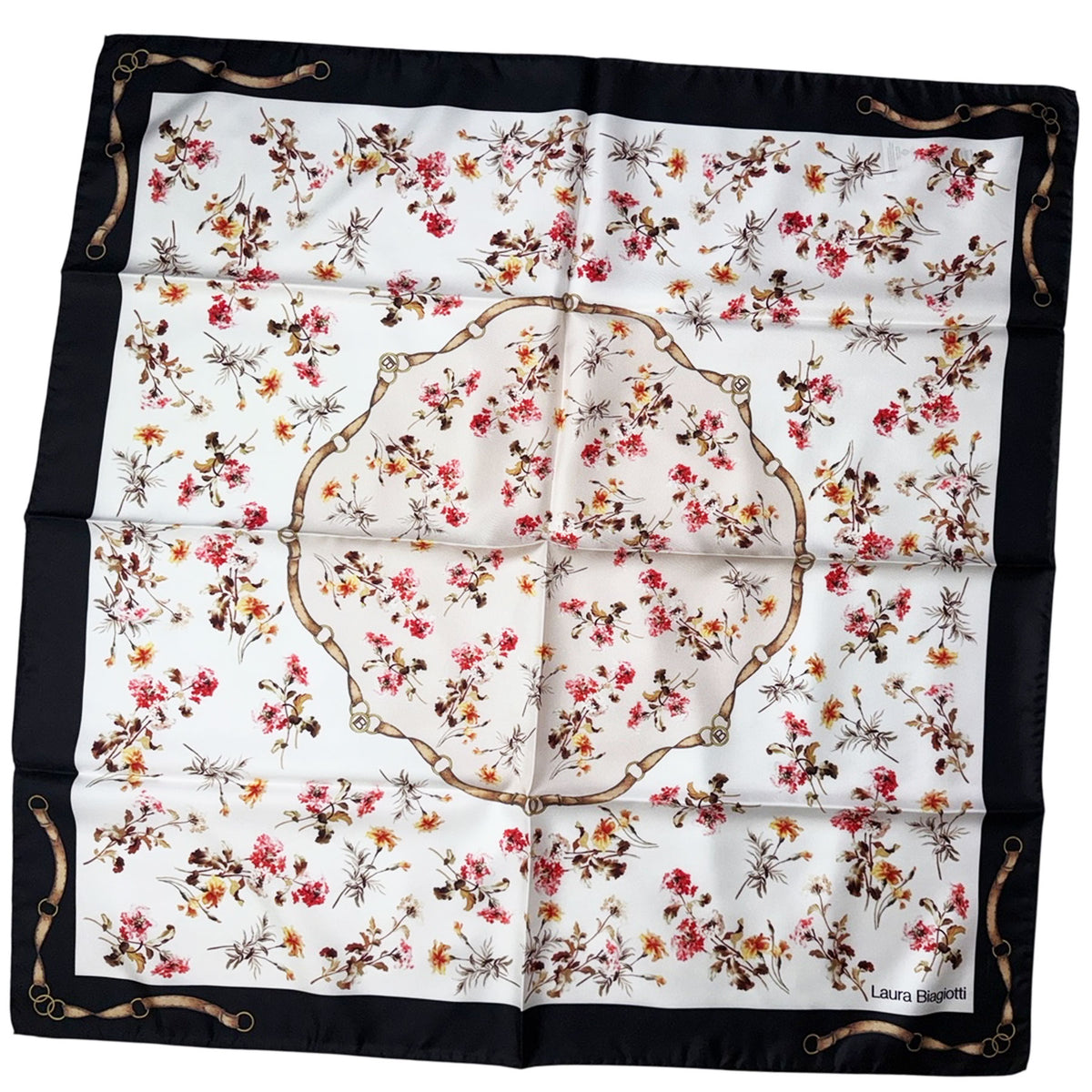 Laura Biagiotti Silk Scarf Brown White Floral - Square Foulard